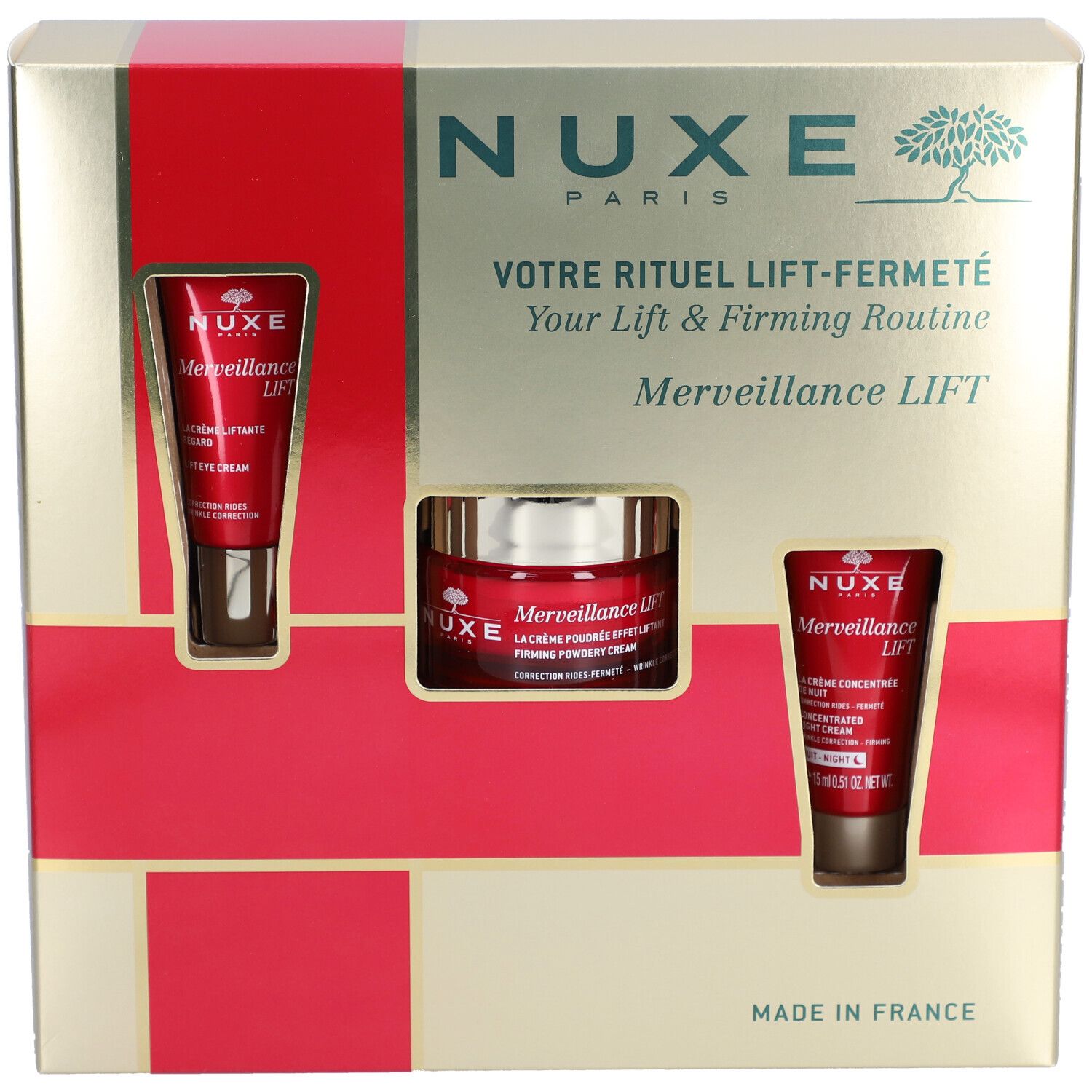 Coffret cadeau Nuxe. Contient trois produits rouges dans un emballage doré. Crème, concentré et crème pour les yeux.
