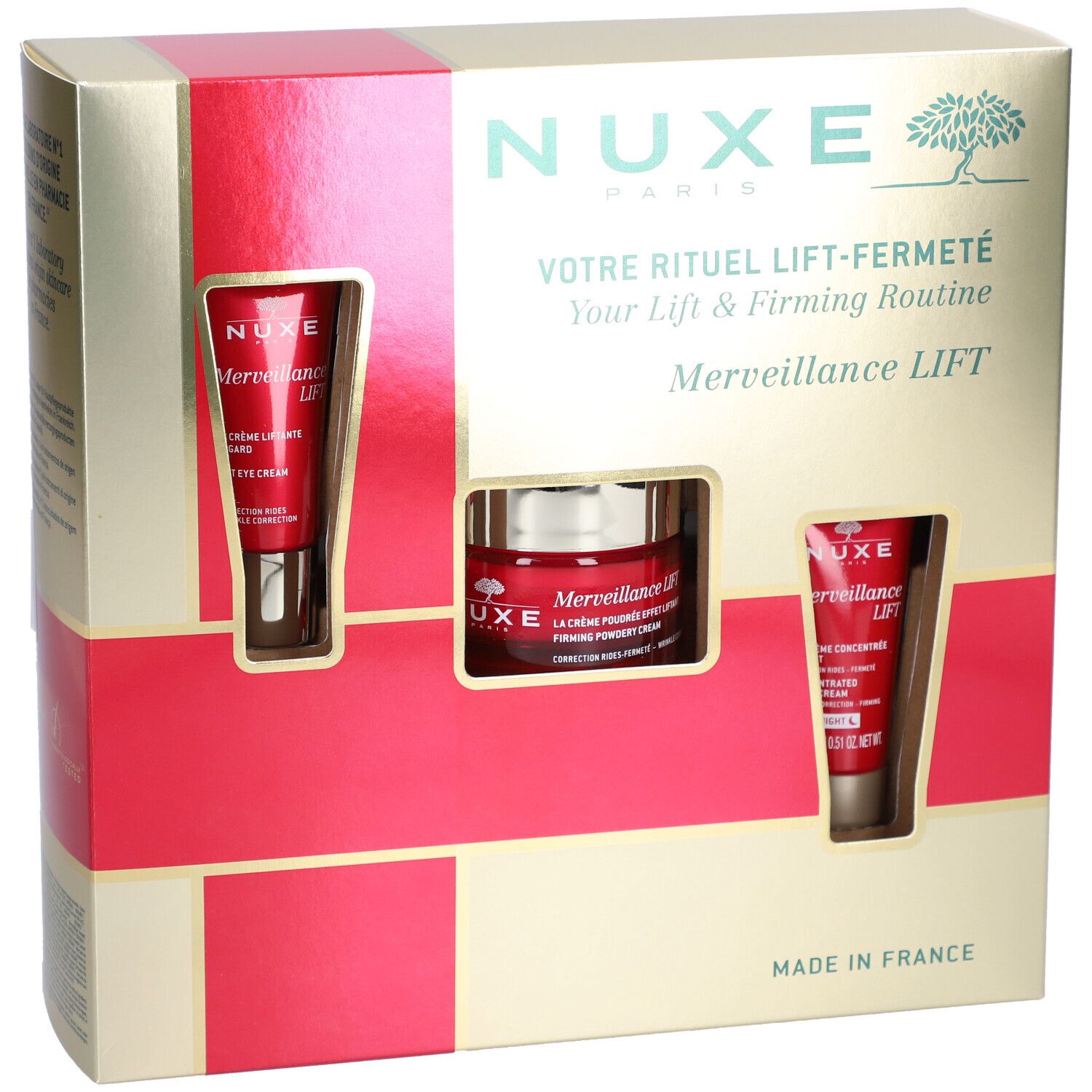 Coffret cadeau Nuxe. Contient trois produits rouges dans un emballage doré. Crème, concentré et crème pour les yeux.