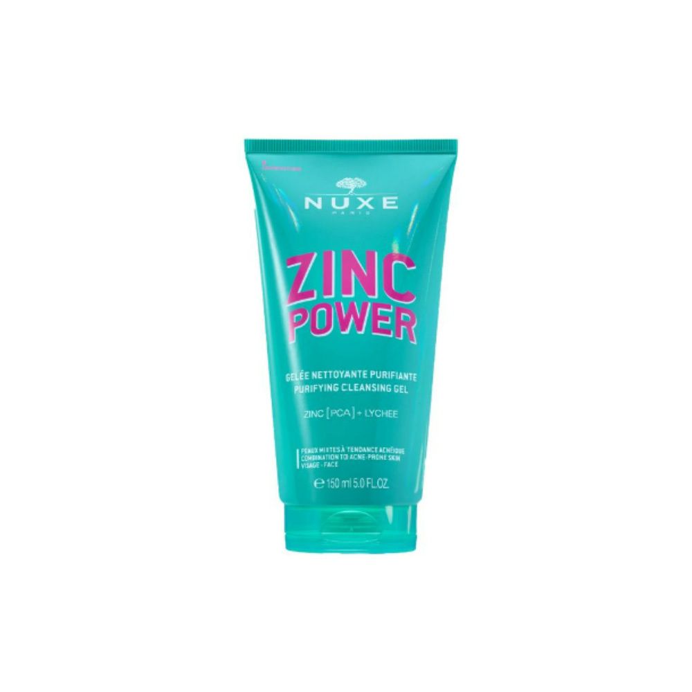 Türkisfarbene Tube mit rosa Schriftzug 'ZINC POWER'. Enthält 'Gelee Nettoyante Purifiante'. Marke NUXE.