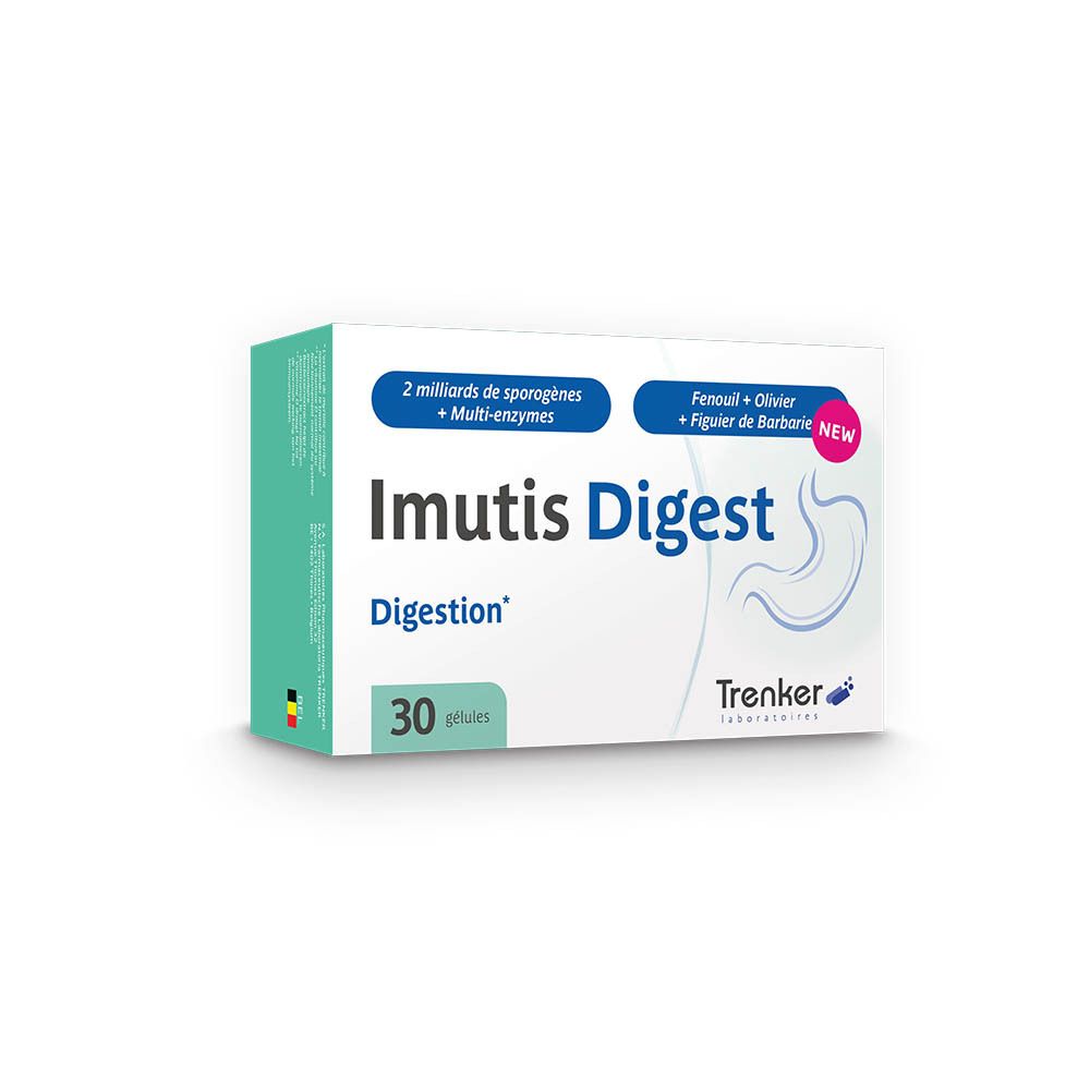Boîte Imutis Digest. 30 gélules. Ingrédients et mentions en français. Logo Trenker.