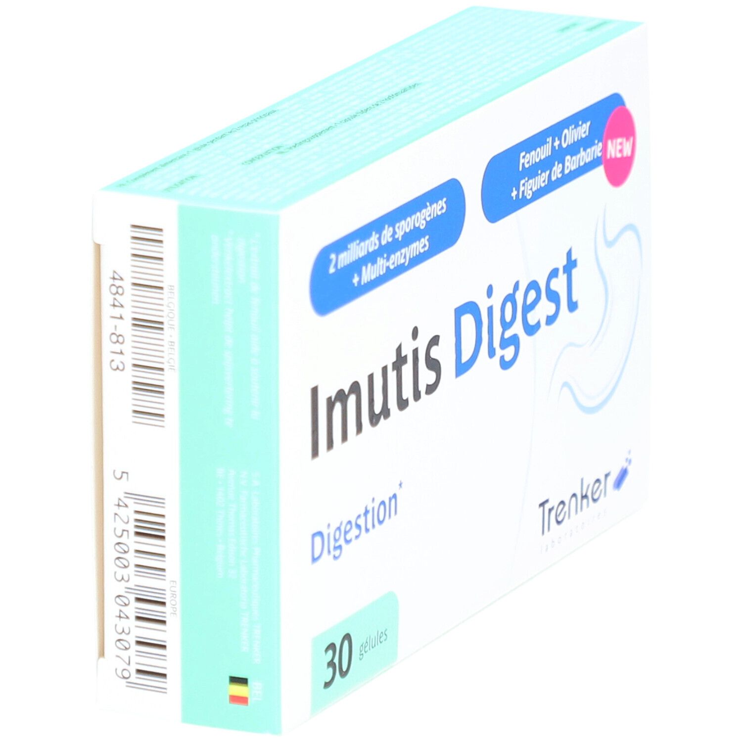 Boîte Imutis Digest en biais. 30 gélules. Logo Trenker. Ingrédients et mentions en français.