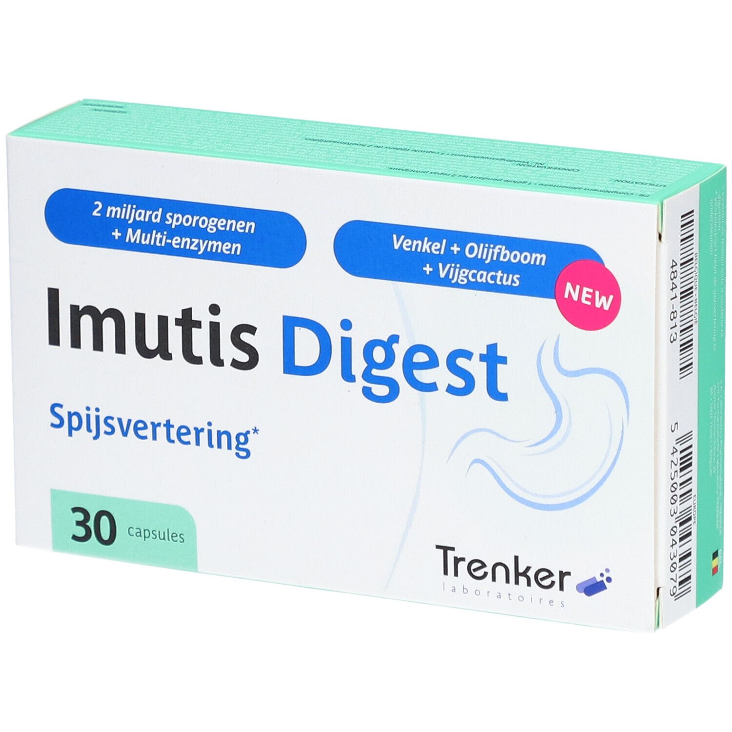 Boîte Imutis Digest. 30 capsules. Ingrédients et mentions en néerlandais. Logo Trenker.