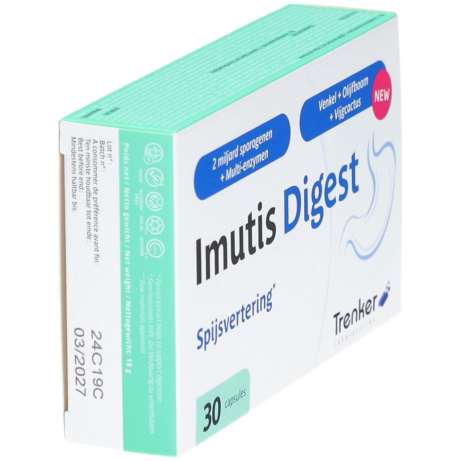 Boîte Imutis Digest en biais. 30 capsules. Ingrédients et mentions en néerlandais. Logo Trenker.