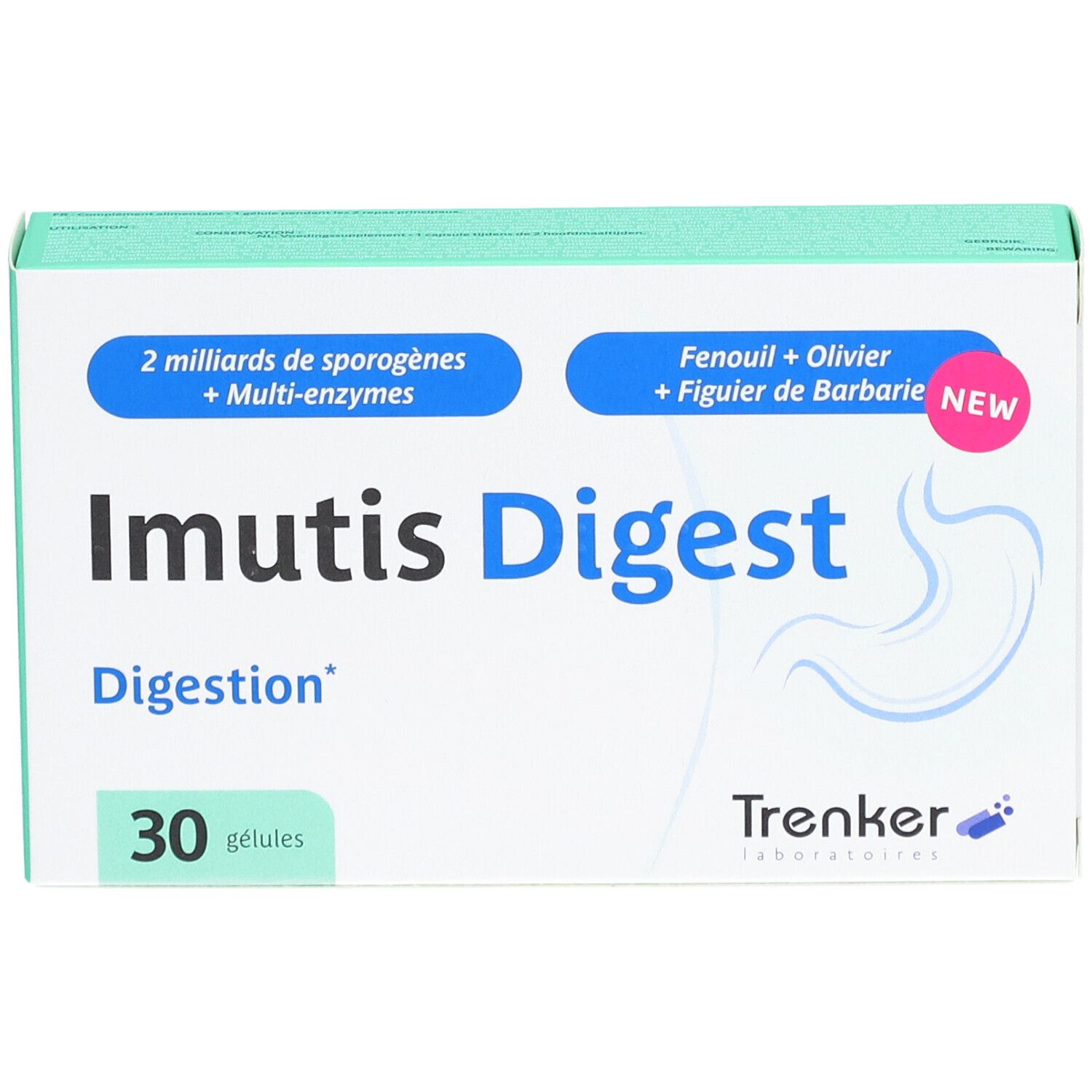 Boîte Imutis Digest. 30 gélules. Ingrédients et mentions en français. Logo Trenker.