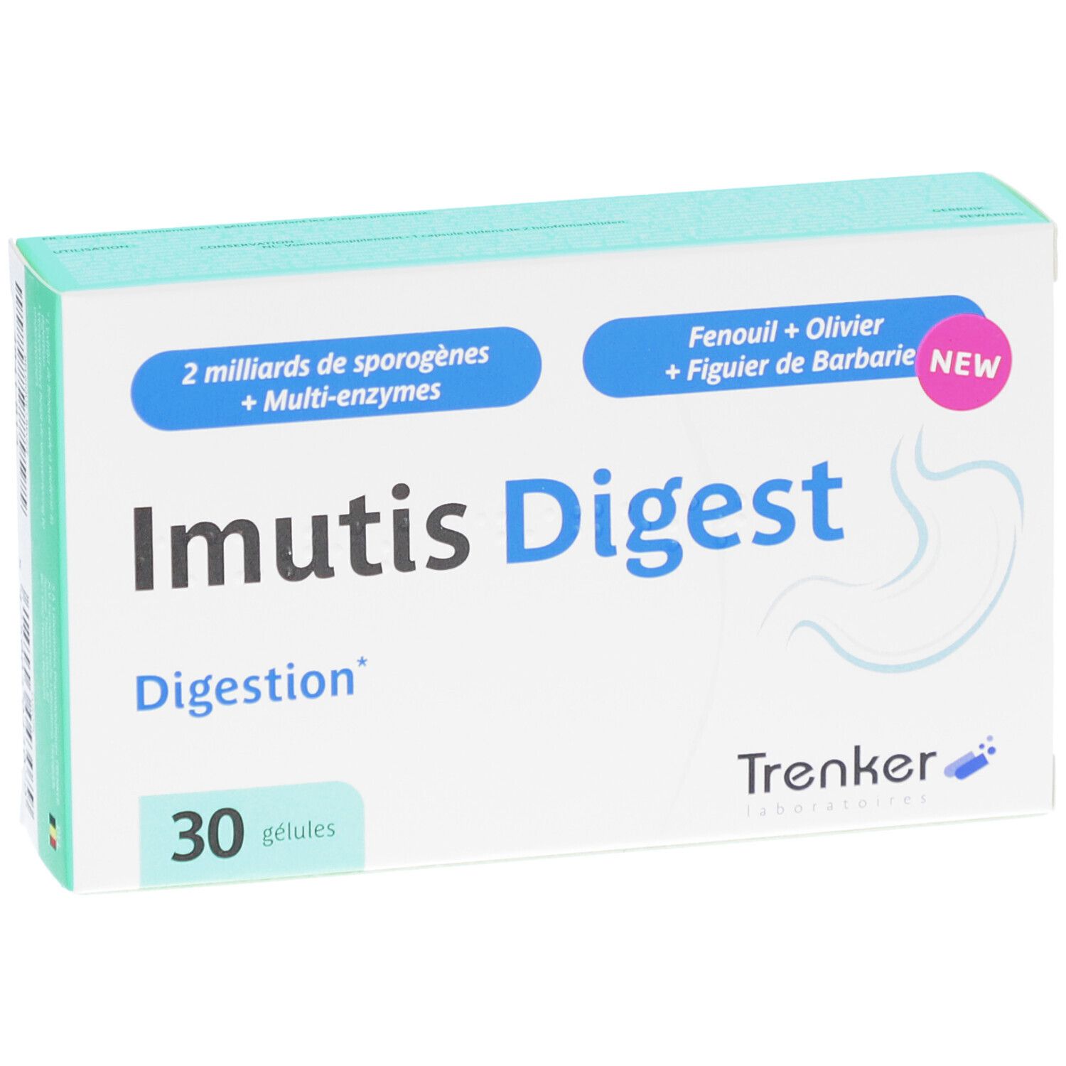 Boîte Imutis Digest. 30 gélules. Ingrédients et mentions en français. Logo Trenker.