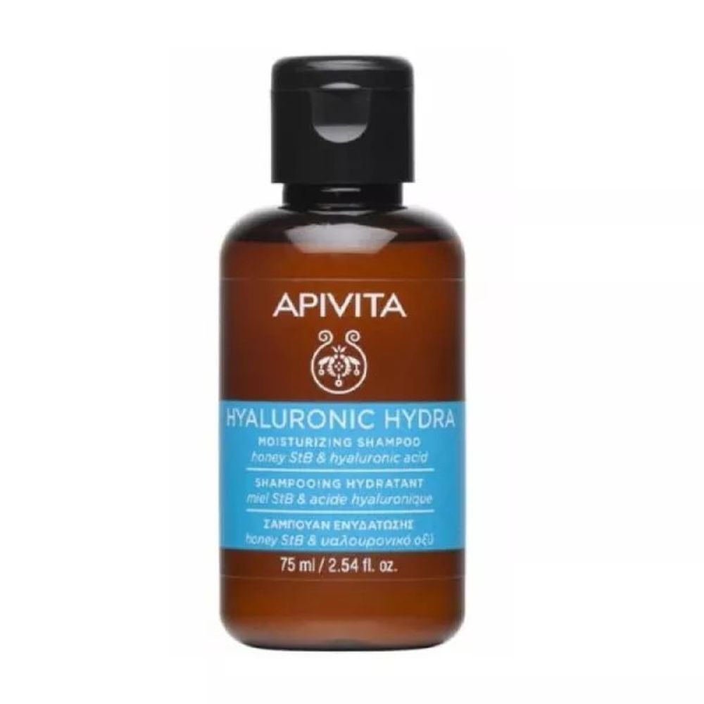 Bruine fles met zwarte dop. Opschrift: APIVITA, HYALURONIC HYDRA, Shampoo. Blauw etiket met tekst. 75 ml.