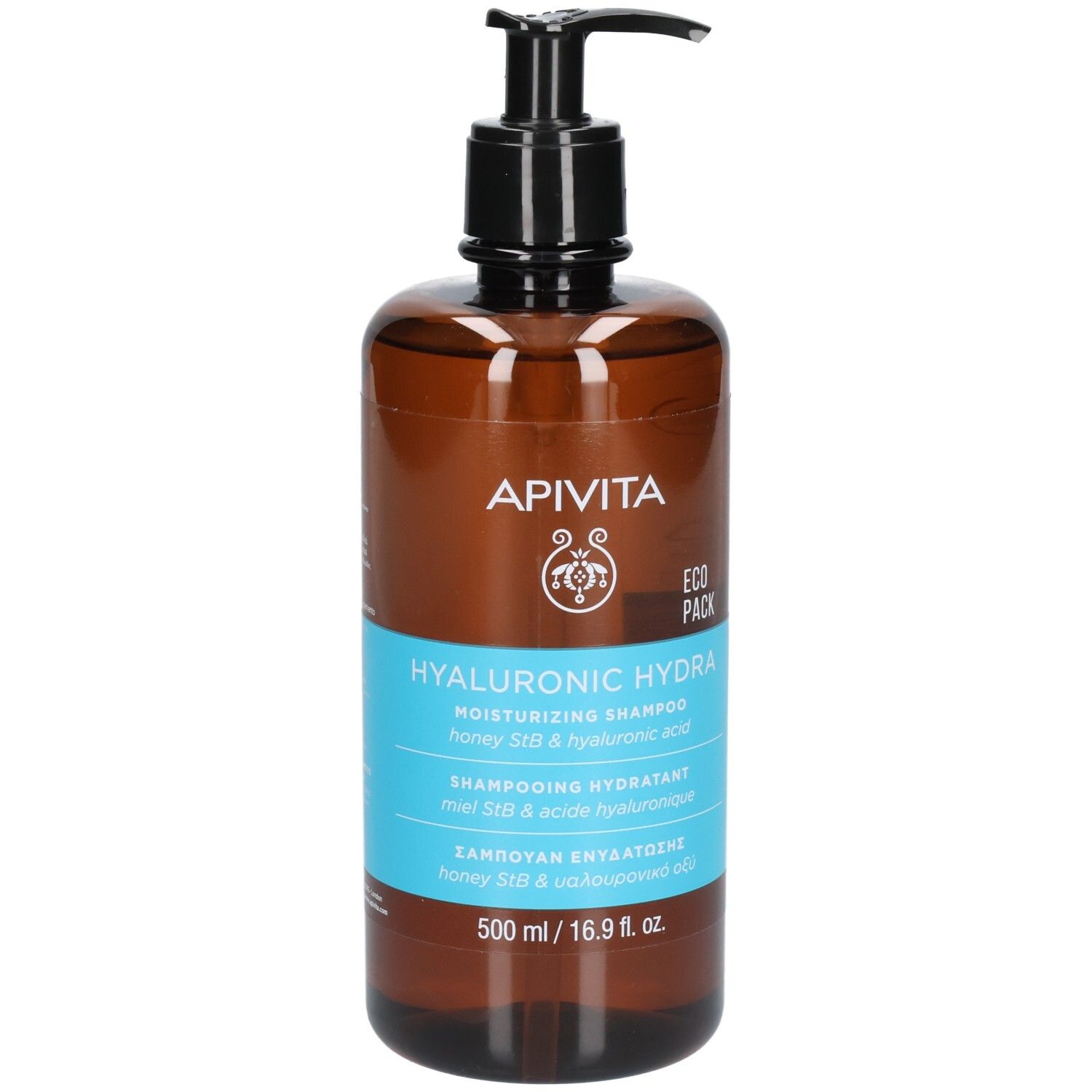 Braune Flasche mit schwarzem Pumpkopf. Aufschrift: Apivita Hyaluronic Hydra Moisturizing Shampoo.