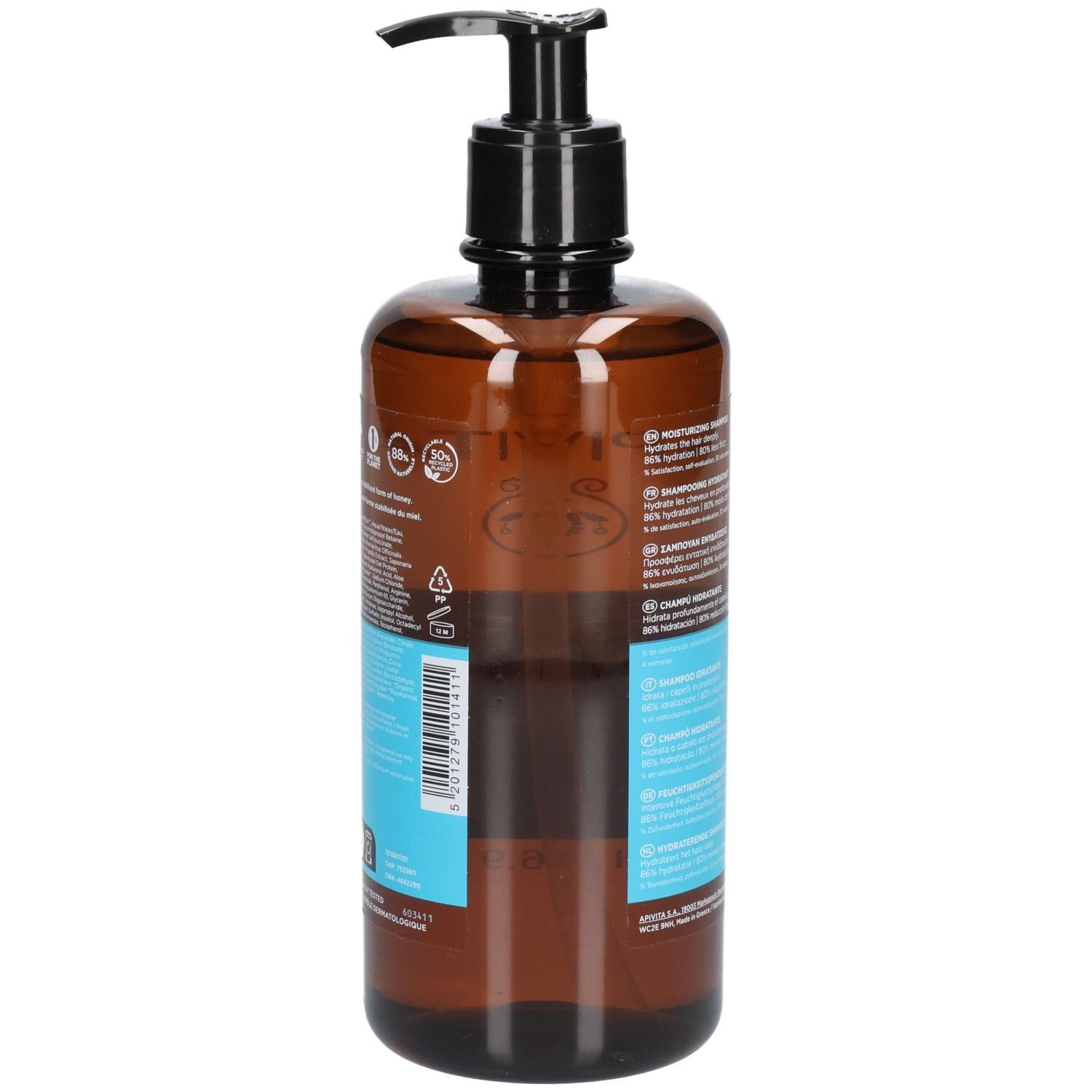 Rückseite der braunen Flasche mit Text. Aufschrift: Apivita Hyaluronic Hydra Moisturizing Shampoo.