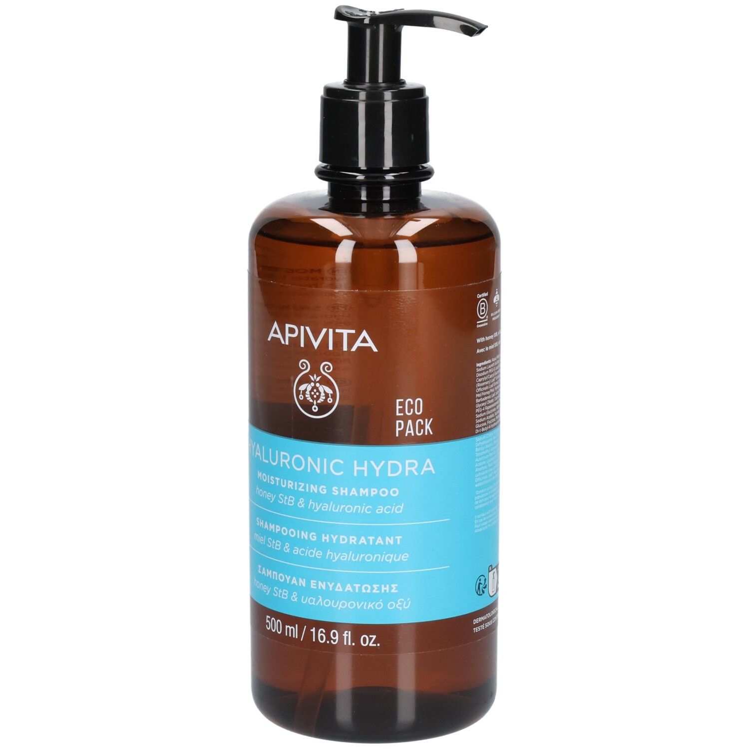 Braune Flasche mit schwarzem Pumpkopf. Aufschrift: Apivita Hyaluronic Hydra Moisturizing Shampoo.