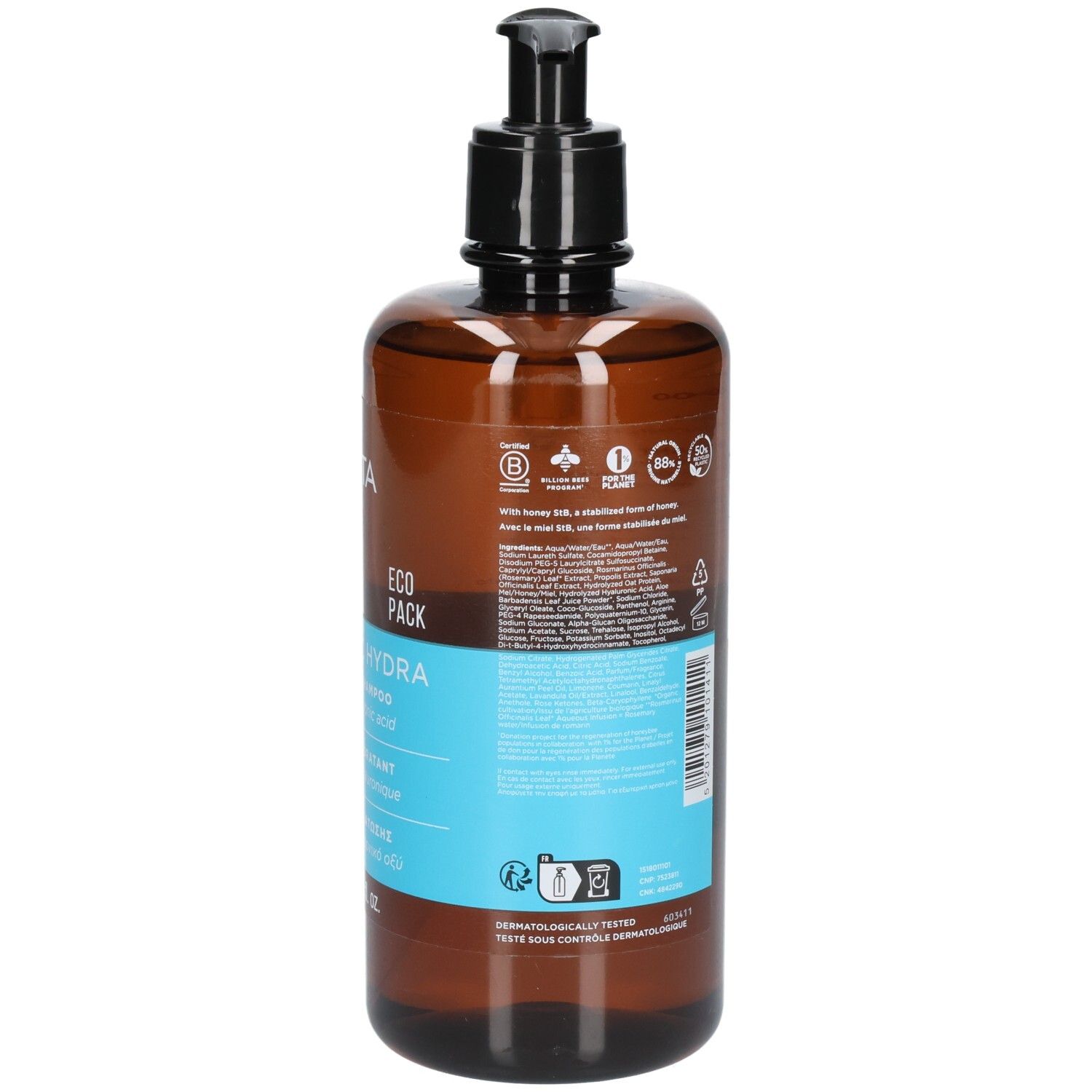 Rückseite der braunen Flasche mit Text. Aufschrift: Apivita Hyaluronic Hydra Moisturizing Shampoo.