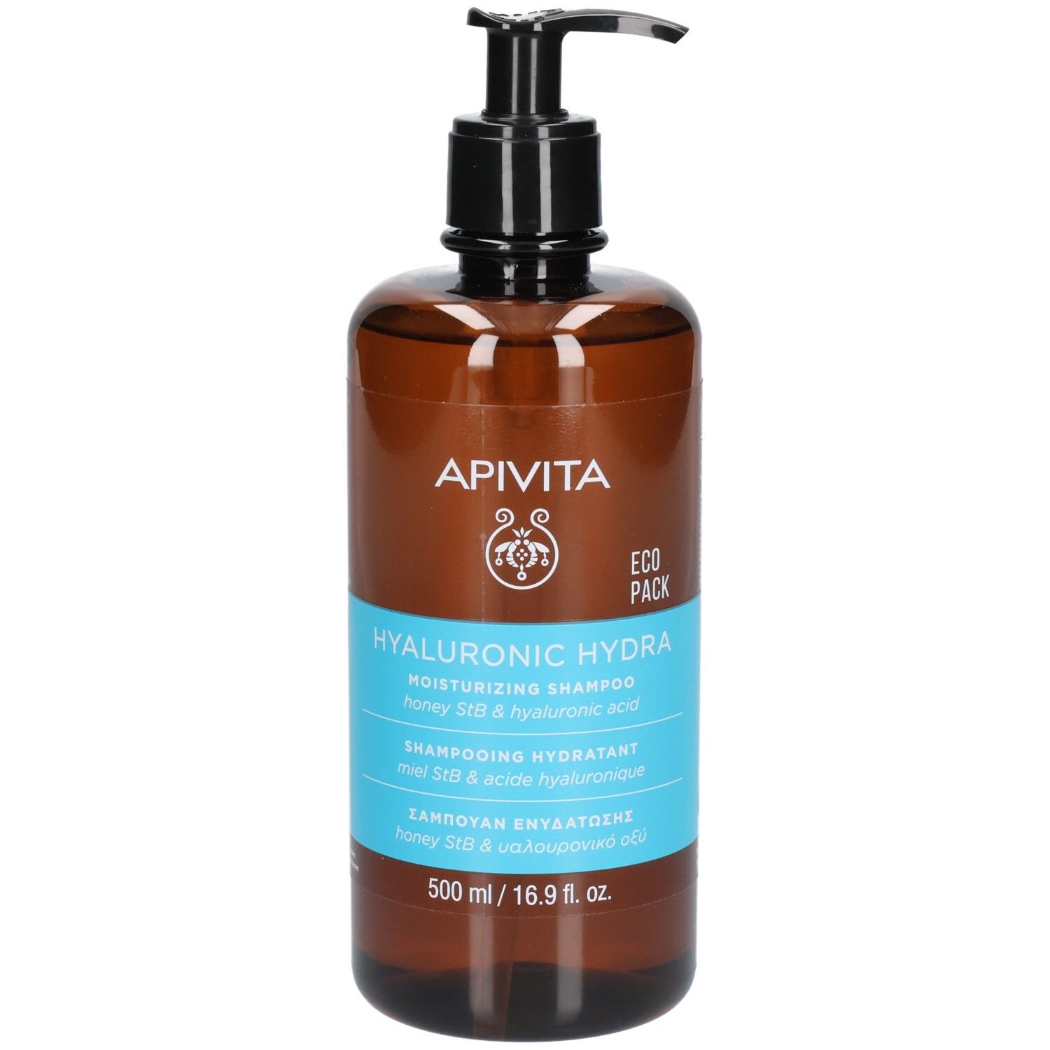 Braune Flasche mit schwarzem Pumpkopf. Aufschrift: Apivita Hyaluronic Hydra Moisturizing Shampoo.