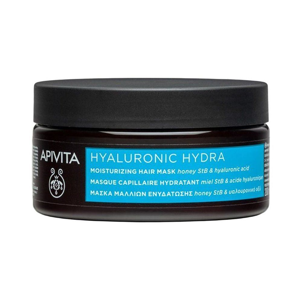 Apivita Hyaluronic Hydra hydraterend haarmasker in een bruine pot met zwart deksel.