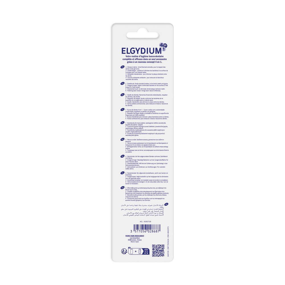 Verpakking met een witte en blauwe tandenborstel. Met 4-in-1 functies.