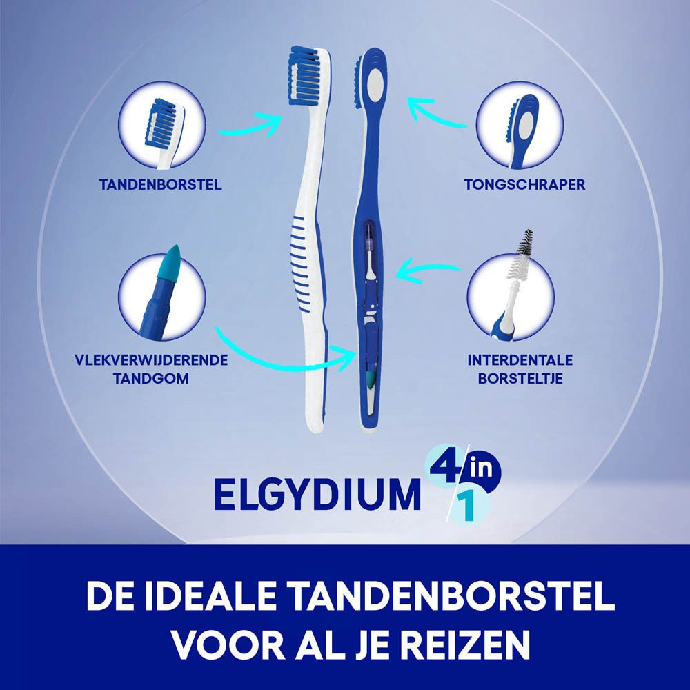 Verpakking met een witte en blauwe tandenborstel. Met 4-in-1 functies.