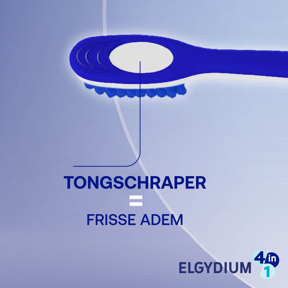 Een vrouw met een bril ligt op een koffer. Tekst: Elgydium 4-in-1.