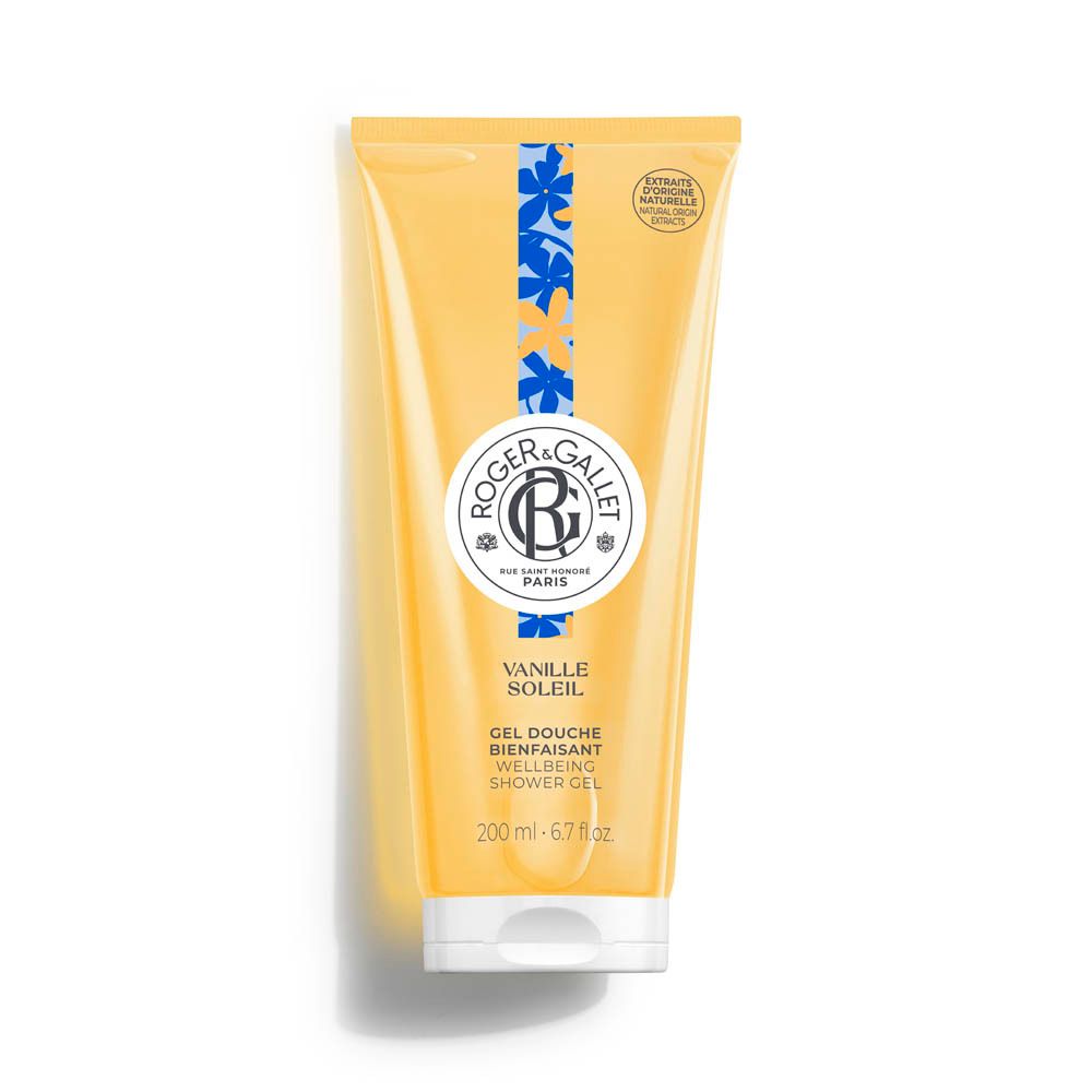 Tube jaune avec informations produit. Logo et texte. "Vanille Soleil" et "Gel Douche Bienfaisant".