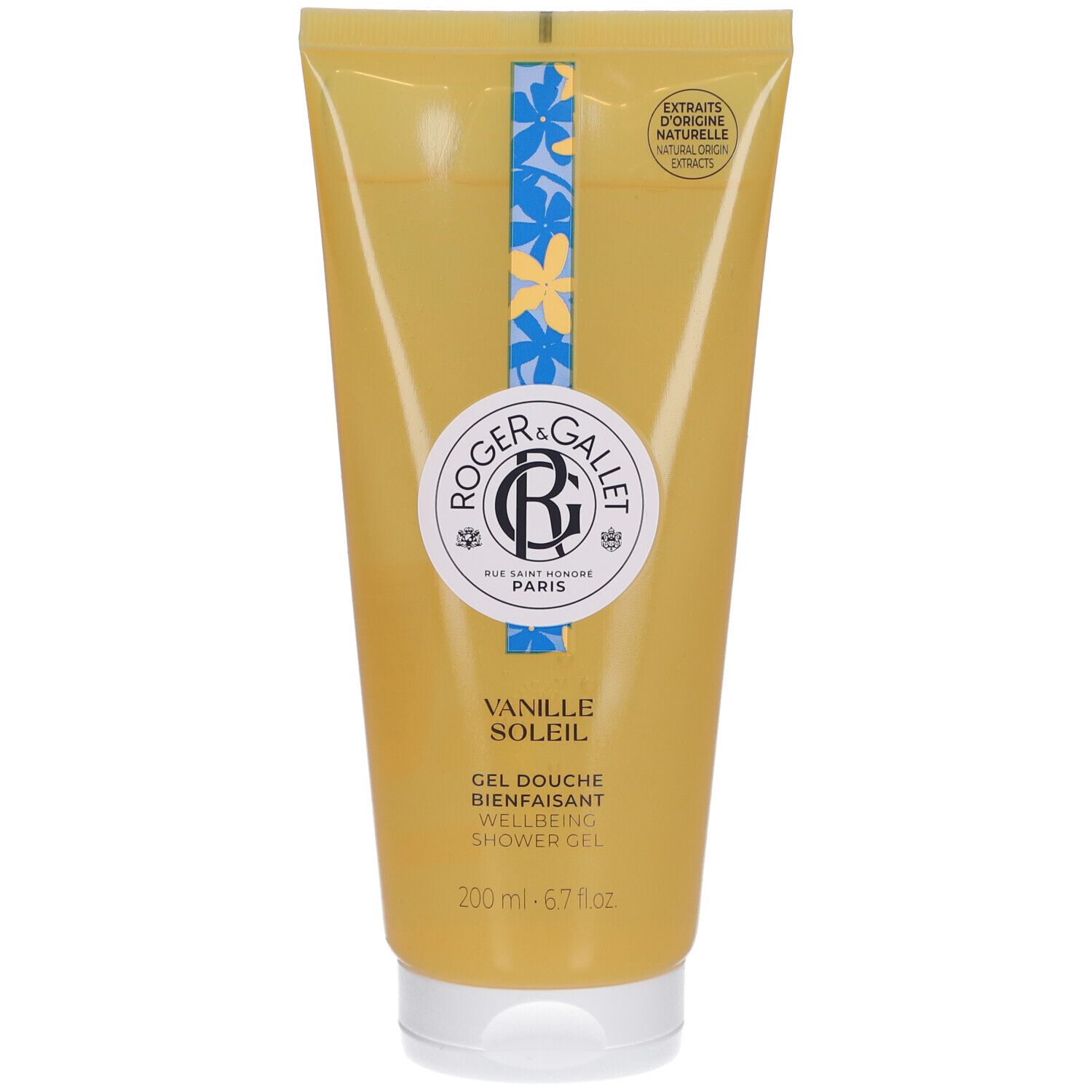 Tube jaune avec informations produit. Logo et texte. "Vanille Soleil" et "Gel Douche Bienfaisant". 200 ml.