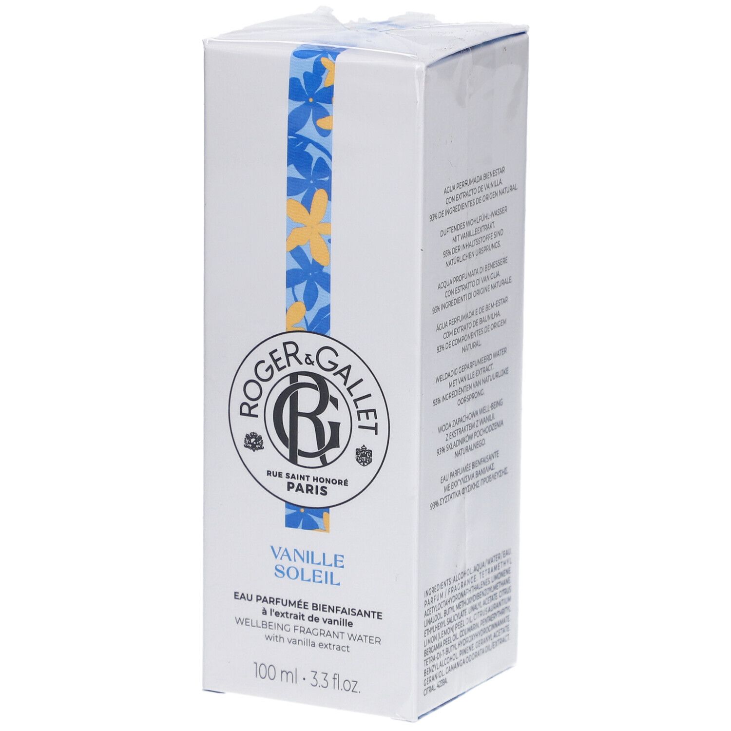Boîte blanche avec motif floral bleu et jaune. Logo Roger&Gallet et inscription Vanille Soleil.