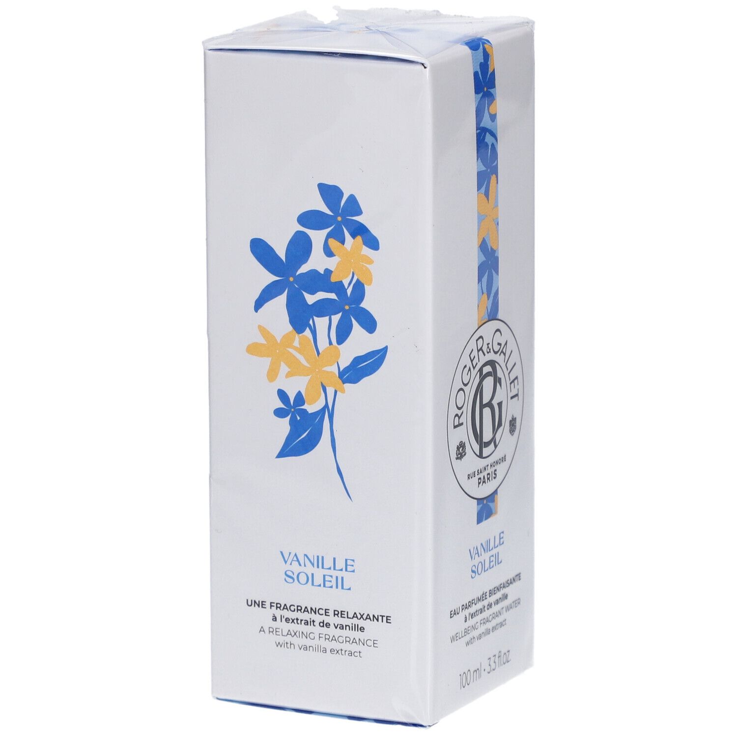 Boîte blanche avec motif floral bleu et jaune. Inscription Vanille Soleil et logo Roger&Gallet.