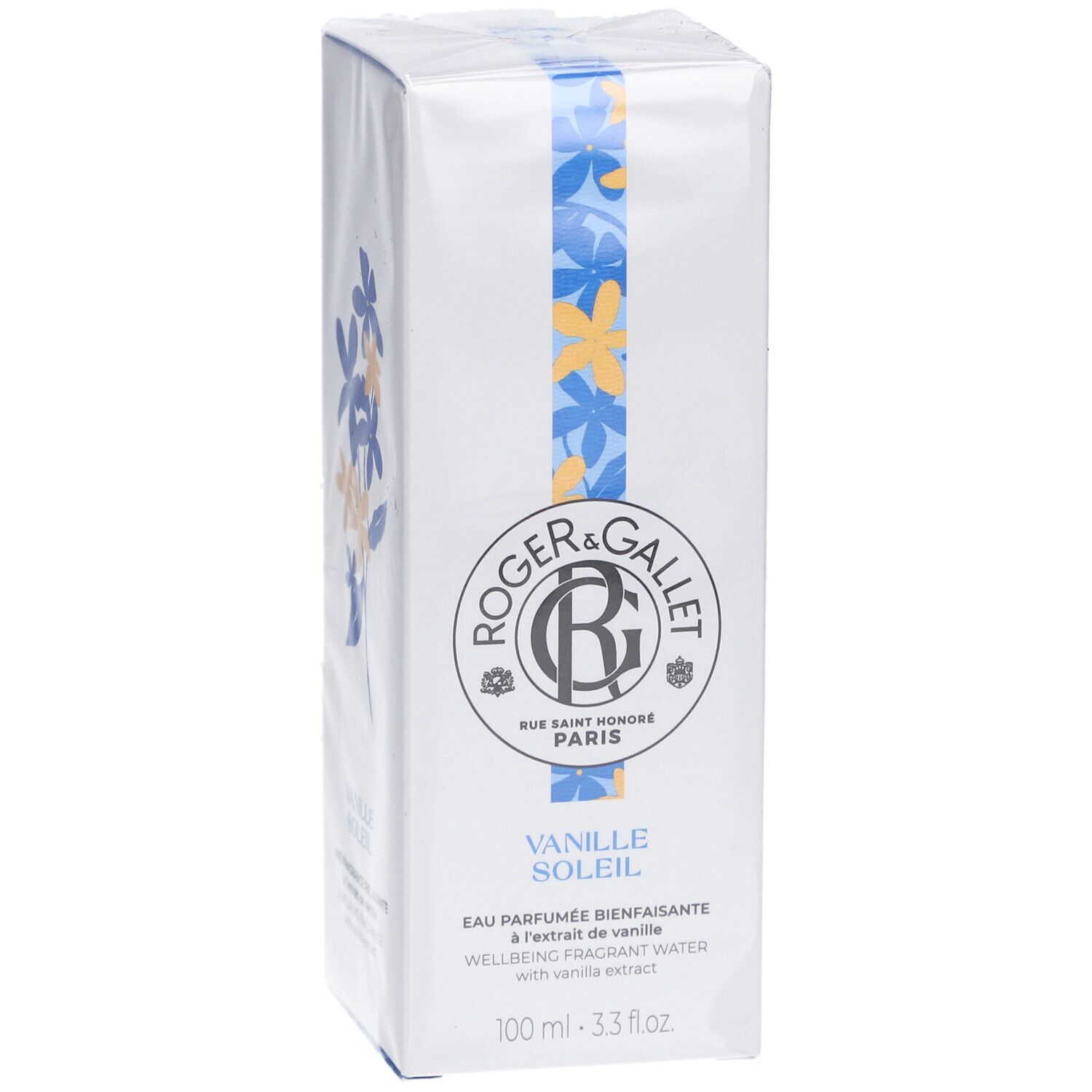 Boîte blanche avec motif floral bleu et jaune. Logo Roger&Gallet et inscription Vanille Soleil.