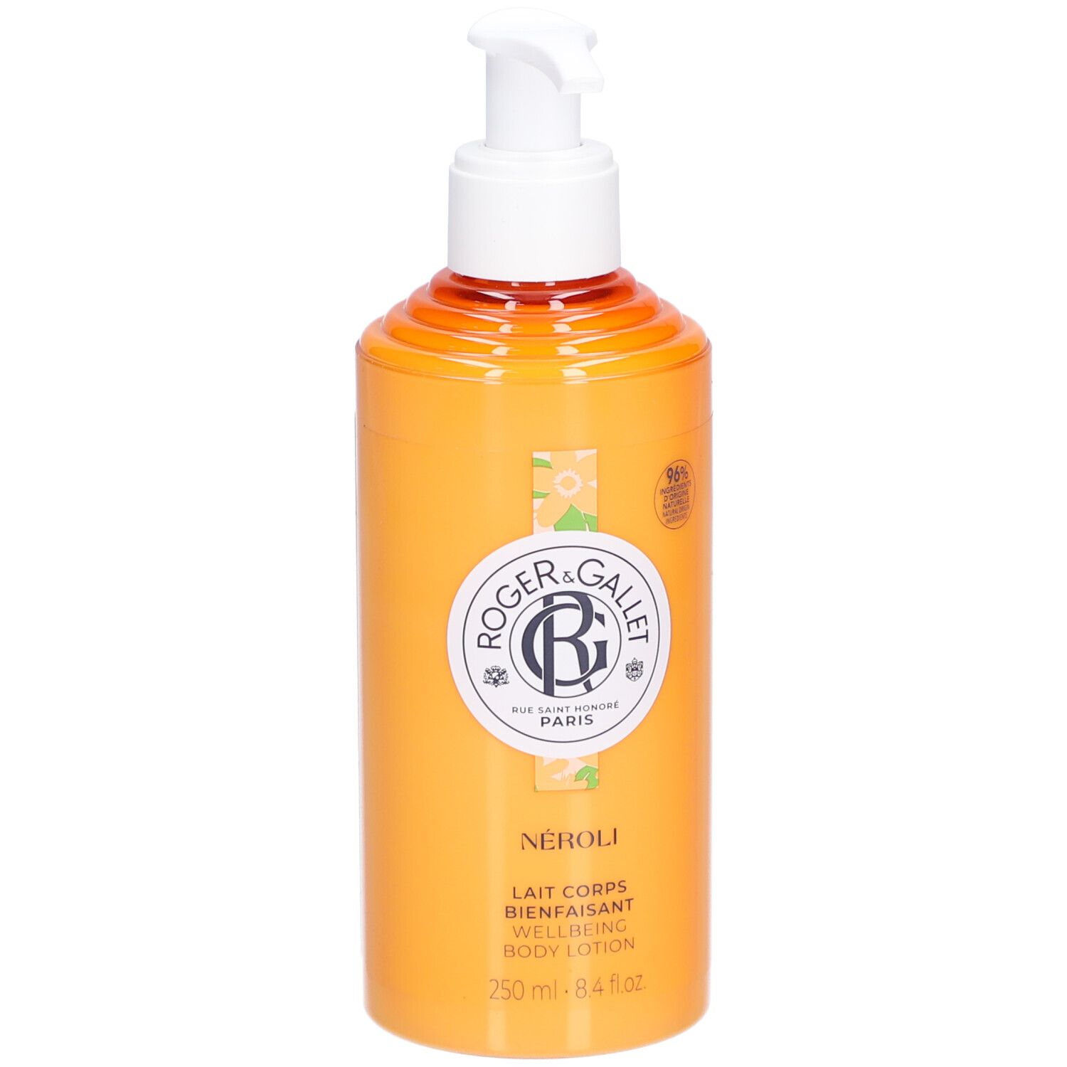 Gelbe Flasche mit Pumpe. Roger & Gallet Néroli Bodylotion. Text und Logo.