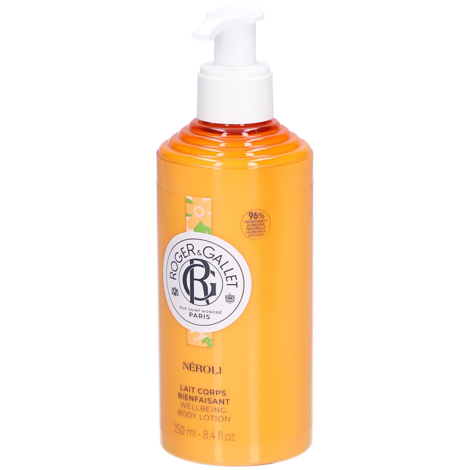 Gelbe Flasche mit Pumpe. Roger & Gallet Néroli Bodylotion. Text und Logo.
