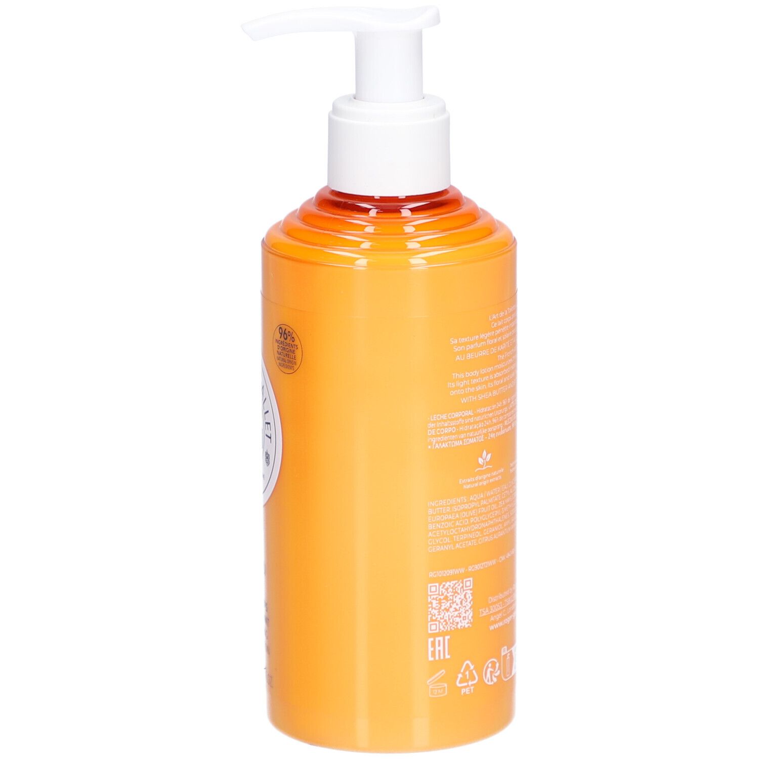 Gelbe Flasche mit Pumpe. Rückseite mit Text und Symbolen.