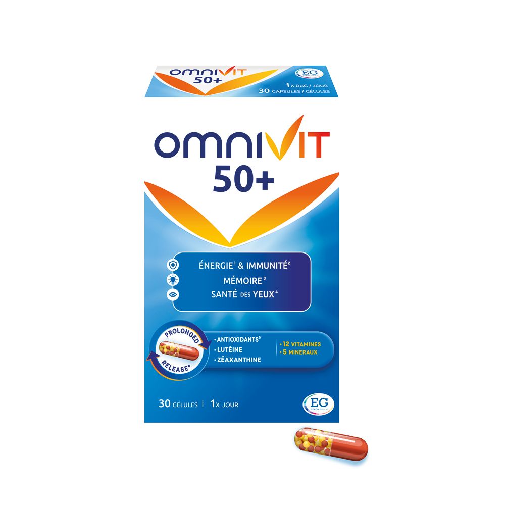 Boîte d'Omnivit 50+ Multivitamines. Contient 30 gélules. Emballage bleu et blanc avec informations produit.