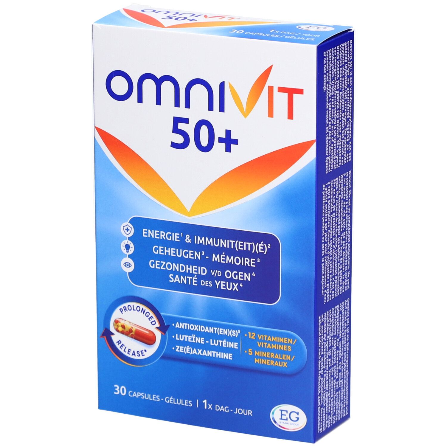 Boîte d'Omnivit 50+ Multivitamines. Contient 30 gélules. Emballage bleu et blanc avec informations produit.