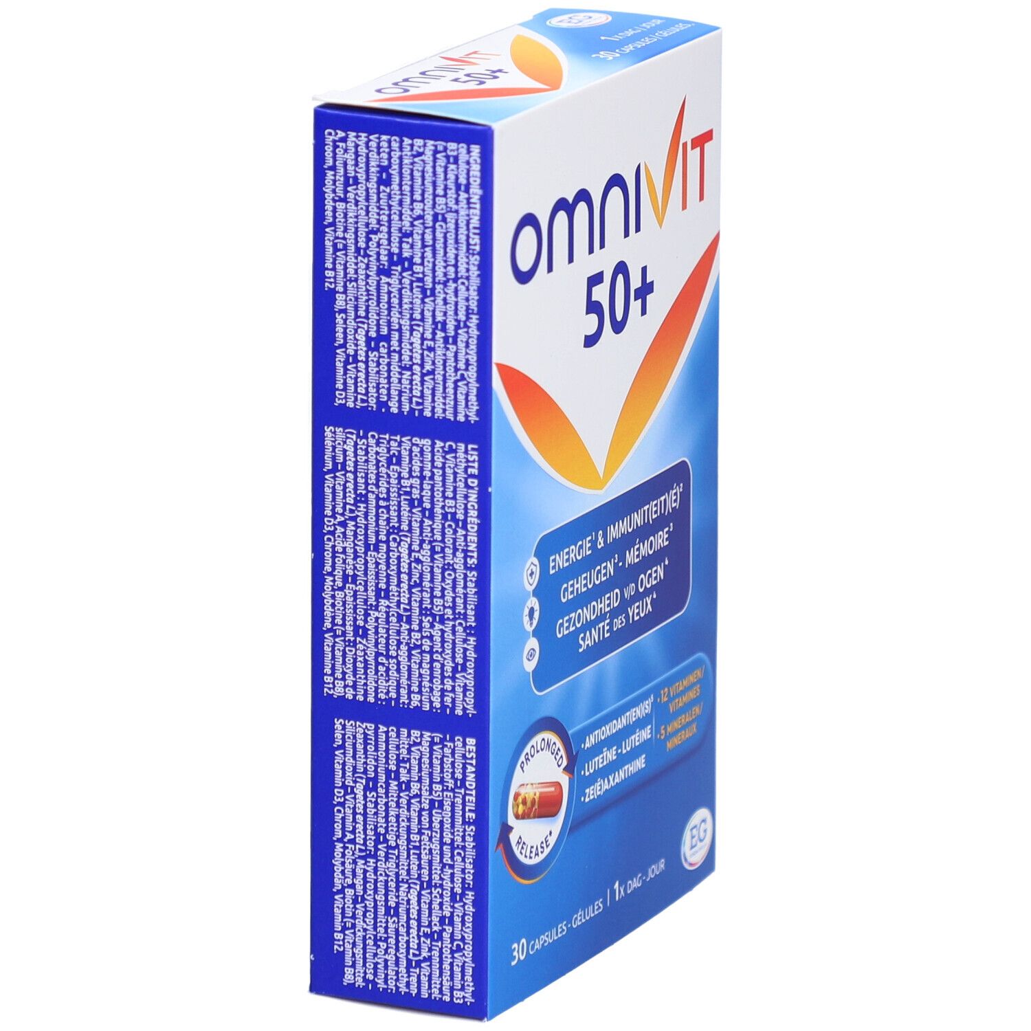 Vue latérale de la boîte d'Omnivit 50+ Multivitamines. Emballage bleu avec texte. Contient 30 gélules.
