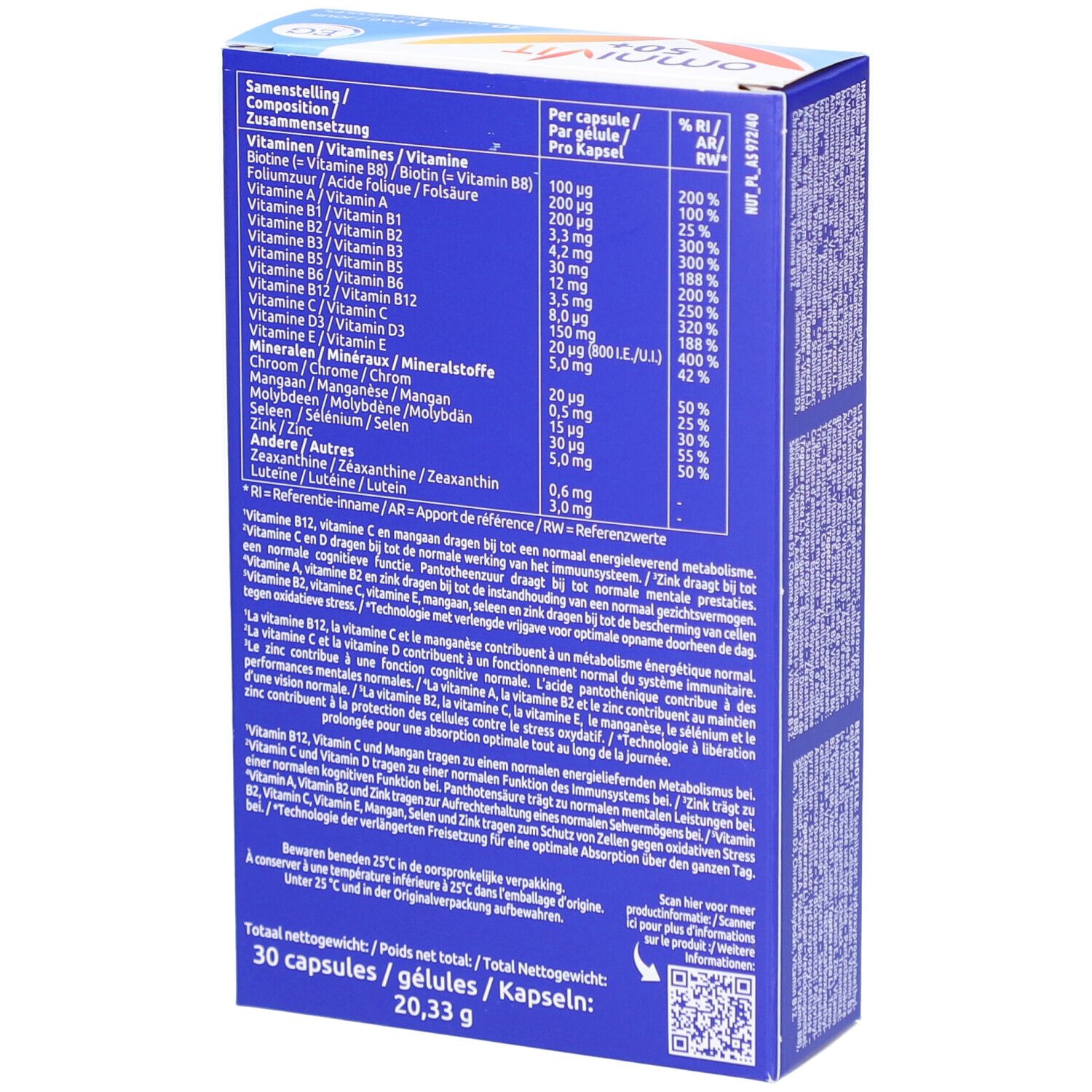 Dos de la boîte d'Omnivit 50+ Multivitamines. Contient des informations nutritionnelles et des ingrédients.
