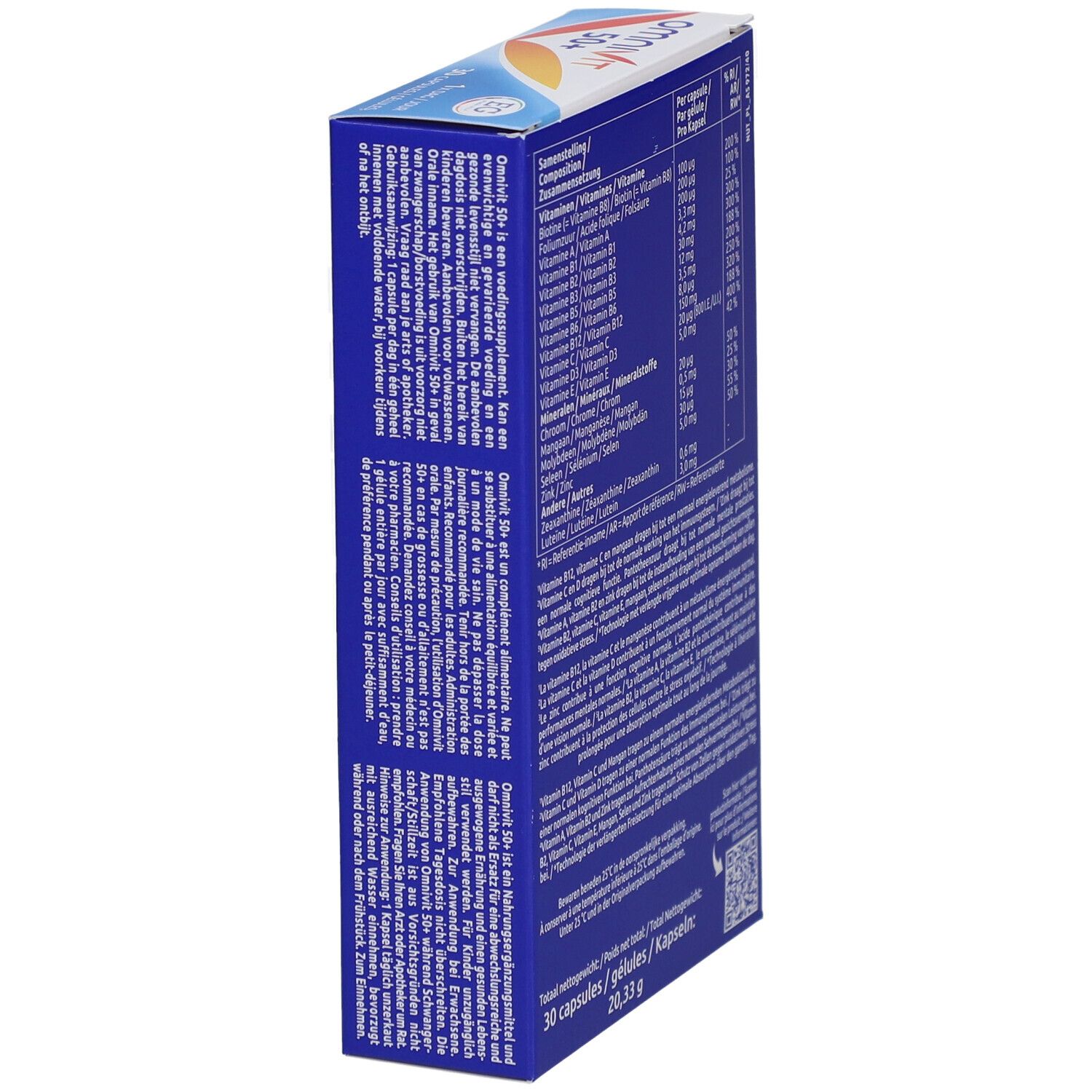 Vue latérale de la boîte d'Omnivit 50+ Multivitamines. Contient du texte et des informations nutritionnelles.