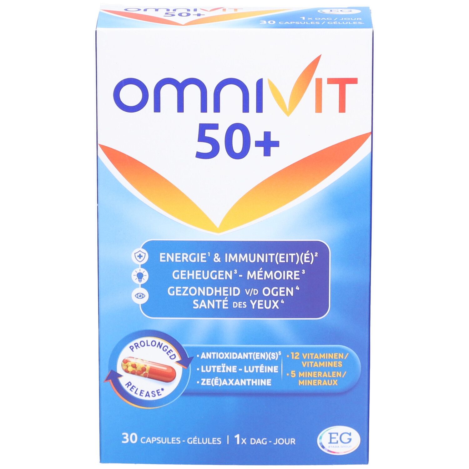 Boîte d'Omnivit 50+ Multivitamines. Contient 30 gélules. Emballage bleu et blanc avec informations produit.