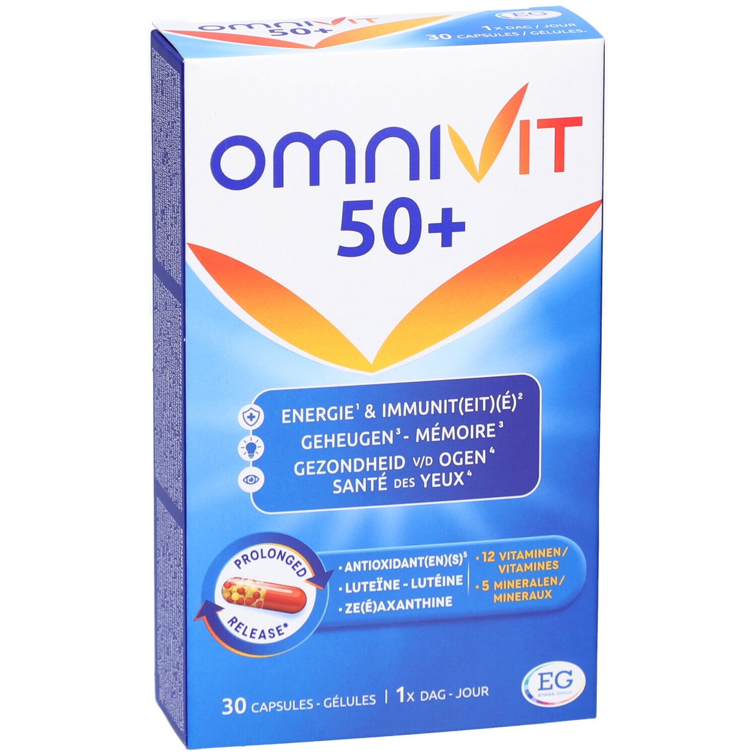 Boîte d'Omnivit 50+ Multivitamines. Contient 30 gélules. Emballage bleu et blanc avec informations produit.
