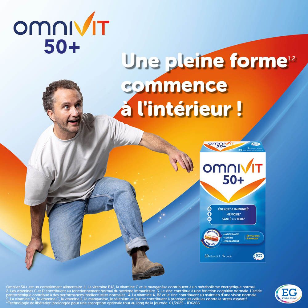 Publicité avec un homme et une boîte d'Omnivit 50+. Emballage bleu avec informations produit.