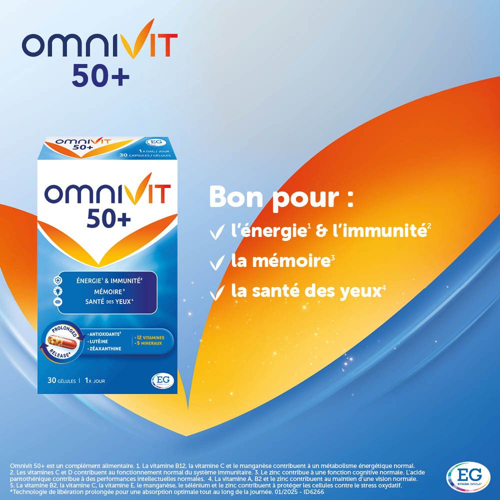 Publicité avec une boîte d'Omnivit 50+. Emballage bleu avec informations produit et texte.