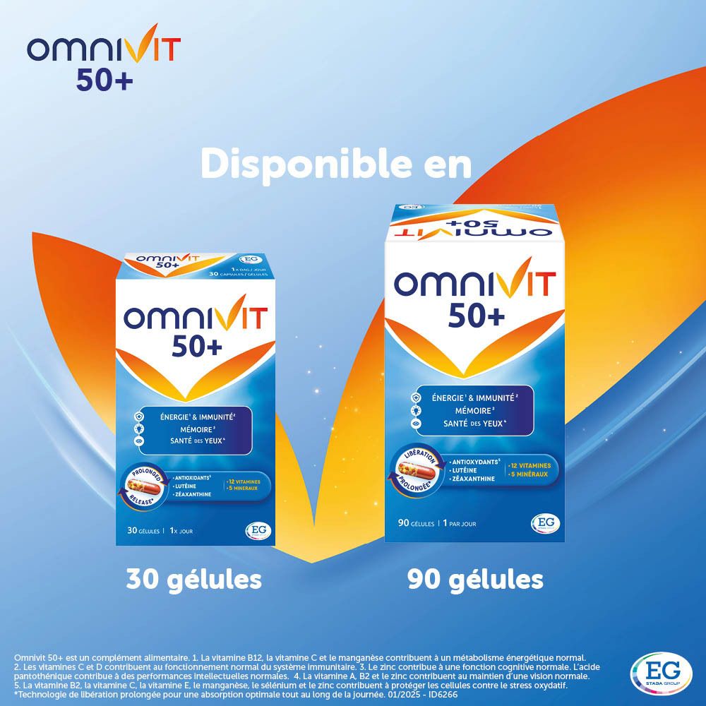 Boîtes Omnivit 50+ en deux tailles. Emballage bleu avec informations produit.