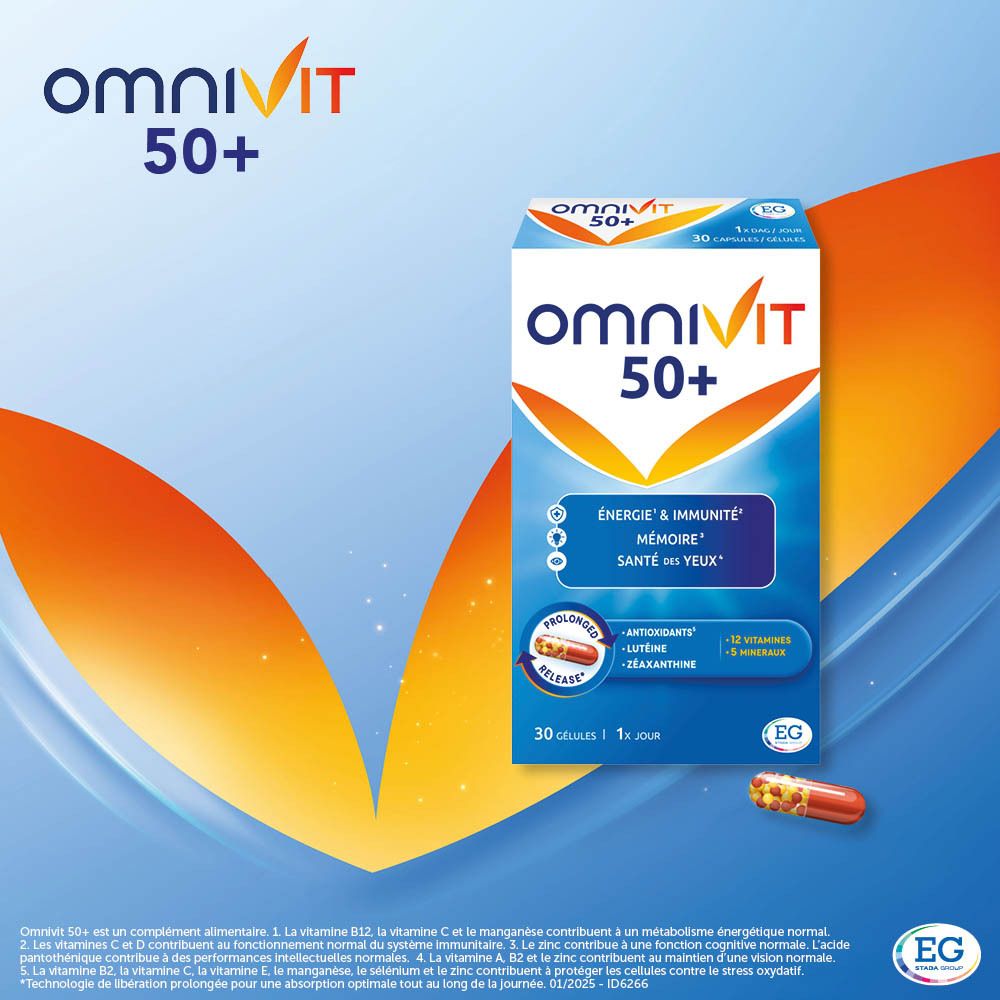 Publicité avec une boîte Omnivit 50+ et une gélule. Emballage bleu avec informations produit.