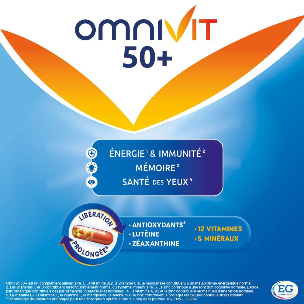 Boîte Omnivit 50+. Emballage bleu avec informations produit et texte.