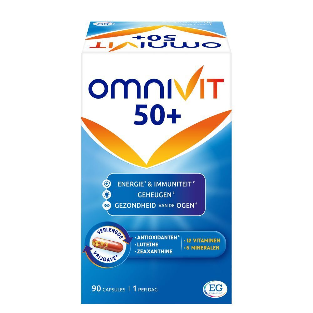 Omnivit 50+ verpakking. Bevat 90 capsules. Bevat vitaminen, mineralen en antioxidanten. Blauw en witte verpakking.
