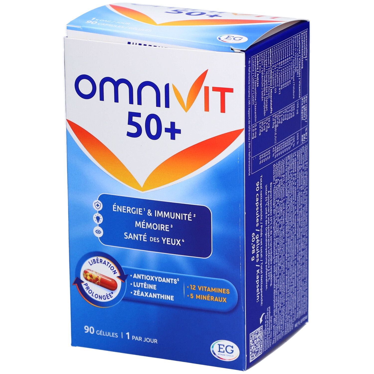 Omnivit 50+ verpakking. Bevat 90 capsules. Bevat vitaminen, mineralen en antioxidanten. Blauw en witte verpakking.