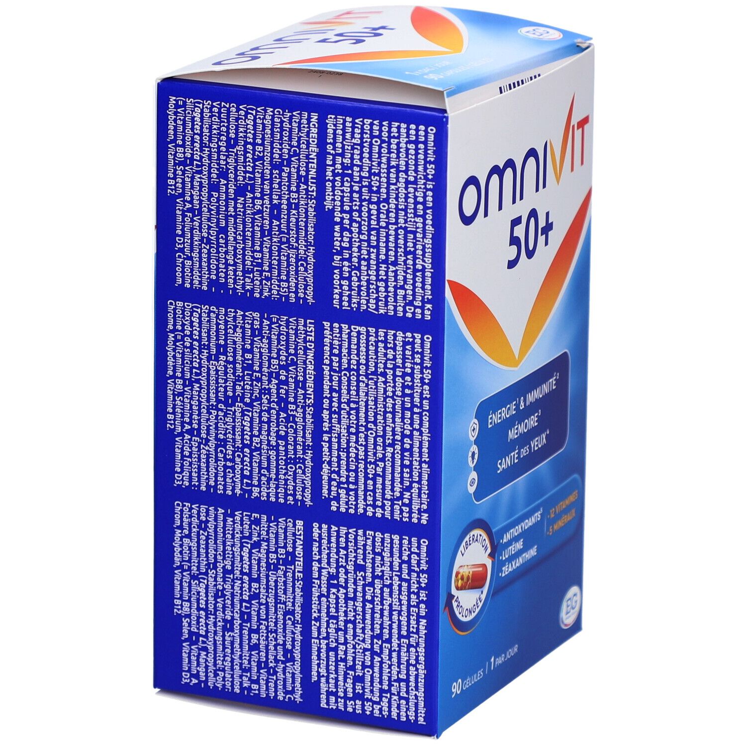 Achterkant van de Omnivit 50+ verpakking. Bevat informatie over vitaminen en mineralen. Blauw en witte verpakking.