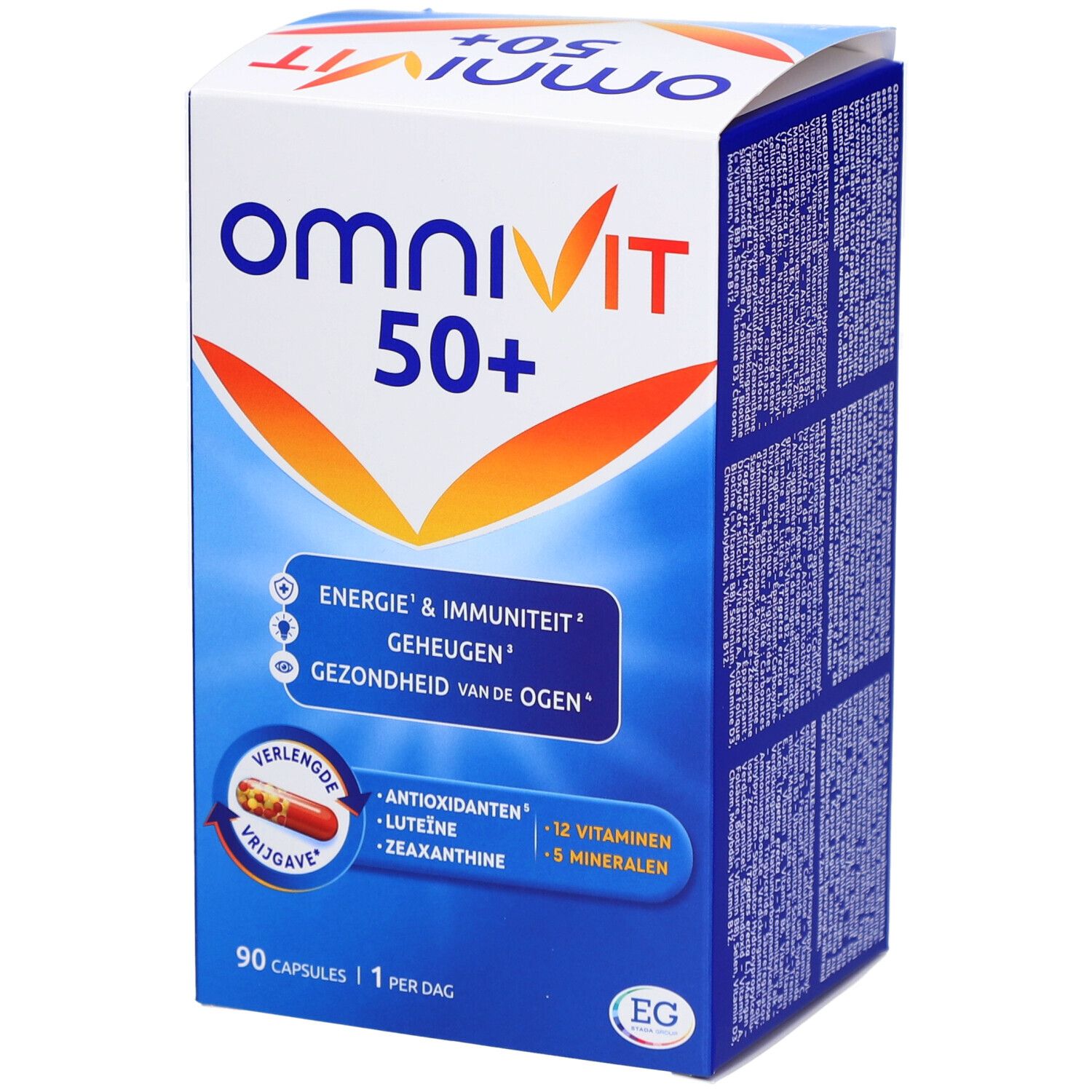 Omnivit 50+ verpakking. Bevat 90 capsules. Bevat vitaminen, mineralen en antioxidanten. Blauw en witte verpakking.