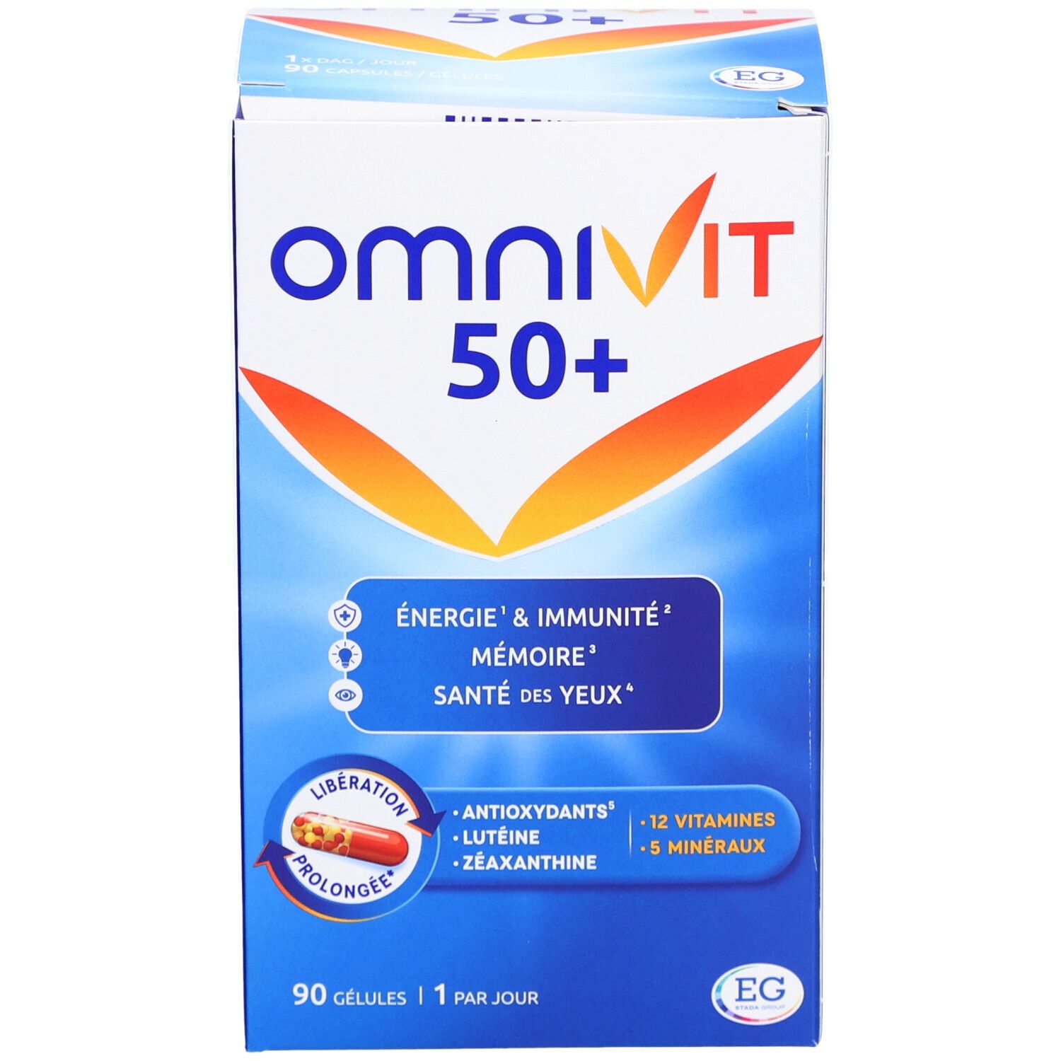 Omnivit 50+ verpakking. Bevat 90 capsules. Bevat vitaminen, mineralen en antioxidanten. Blauw en witte verpakking.
