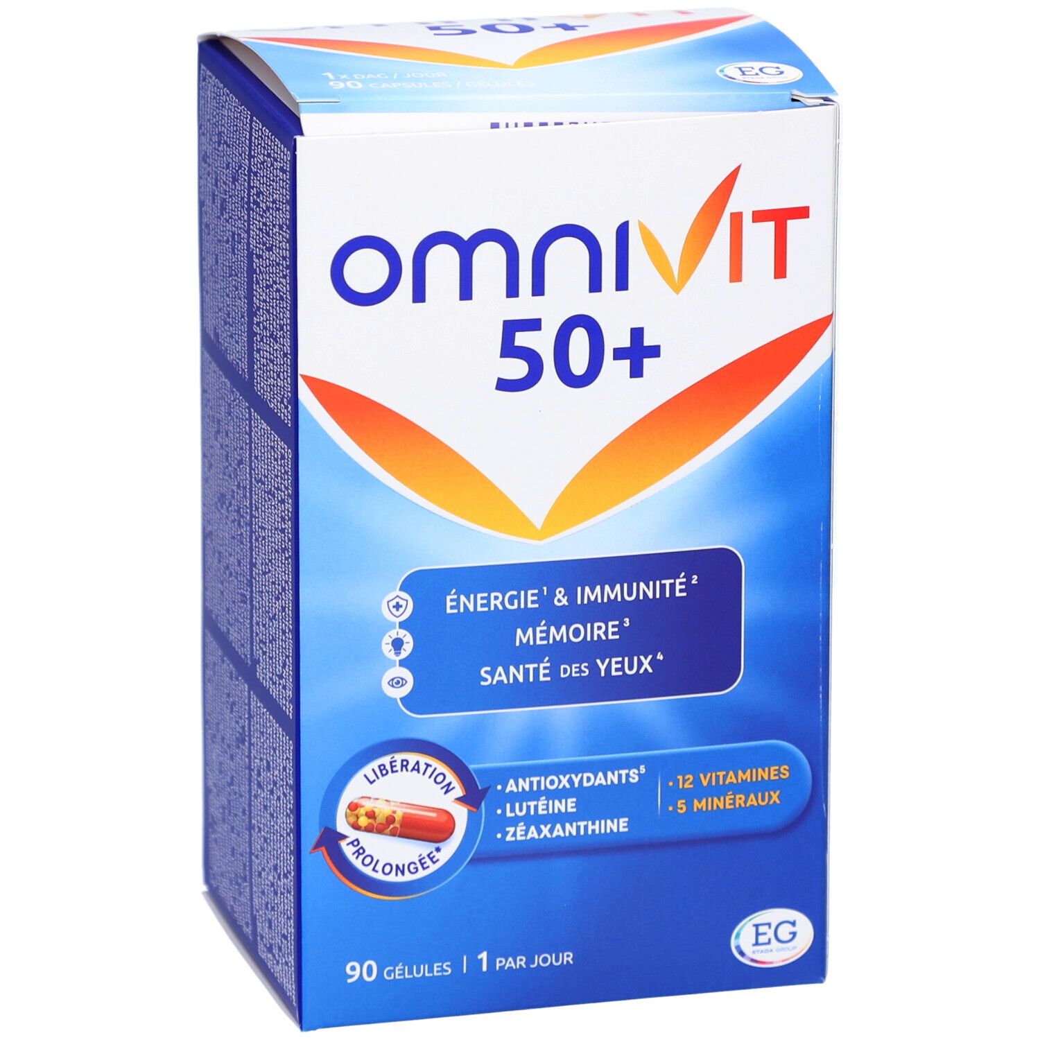 Omnivit 50+ verpakking. Bevat 90 capsules. Bevat vitaminen, mineralen en antioxidanten. Blauw en witte verpakking.
