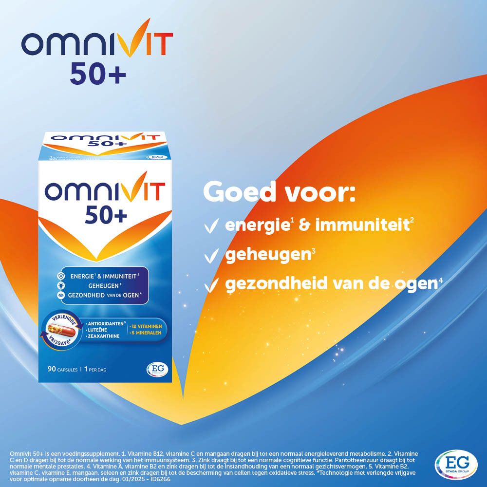Omnivit 50+ verpakking. Bevat informatie over vitaminen en mineralen. Blauw en witte verpakking.