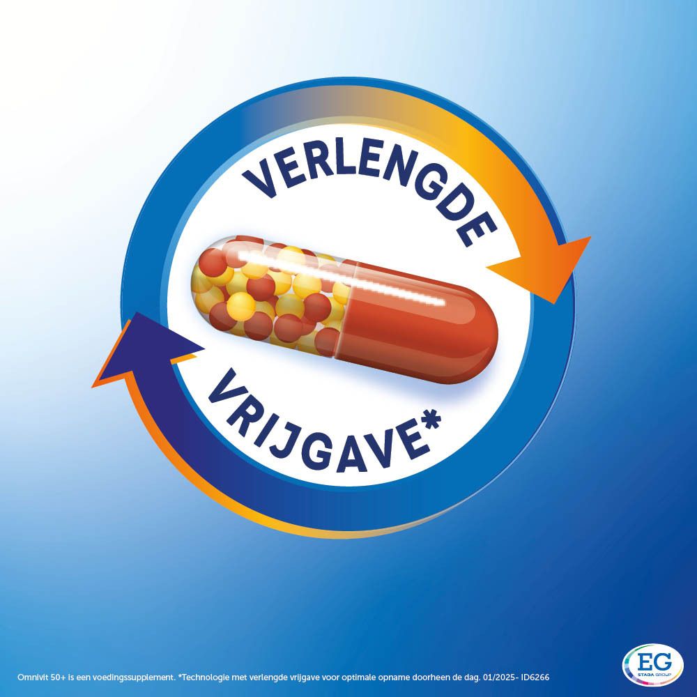 Omnivit 50+ capsule met verlengde afgifte. Blauwe en oranje elementen.