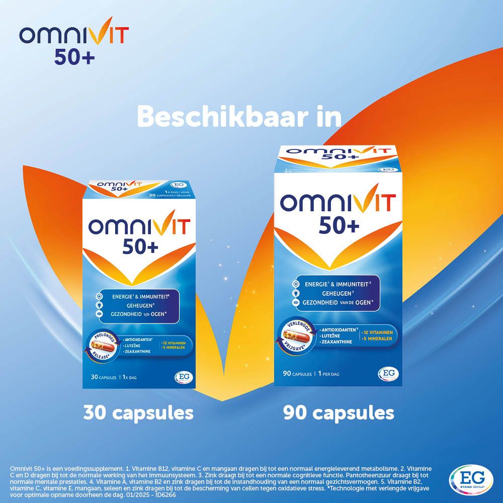 Omnivit 50+ verpakking. Bevat 30 en 90 capsules. Blauw en witte verpakking.