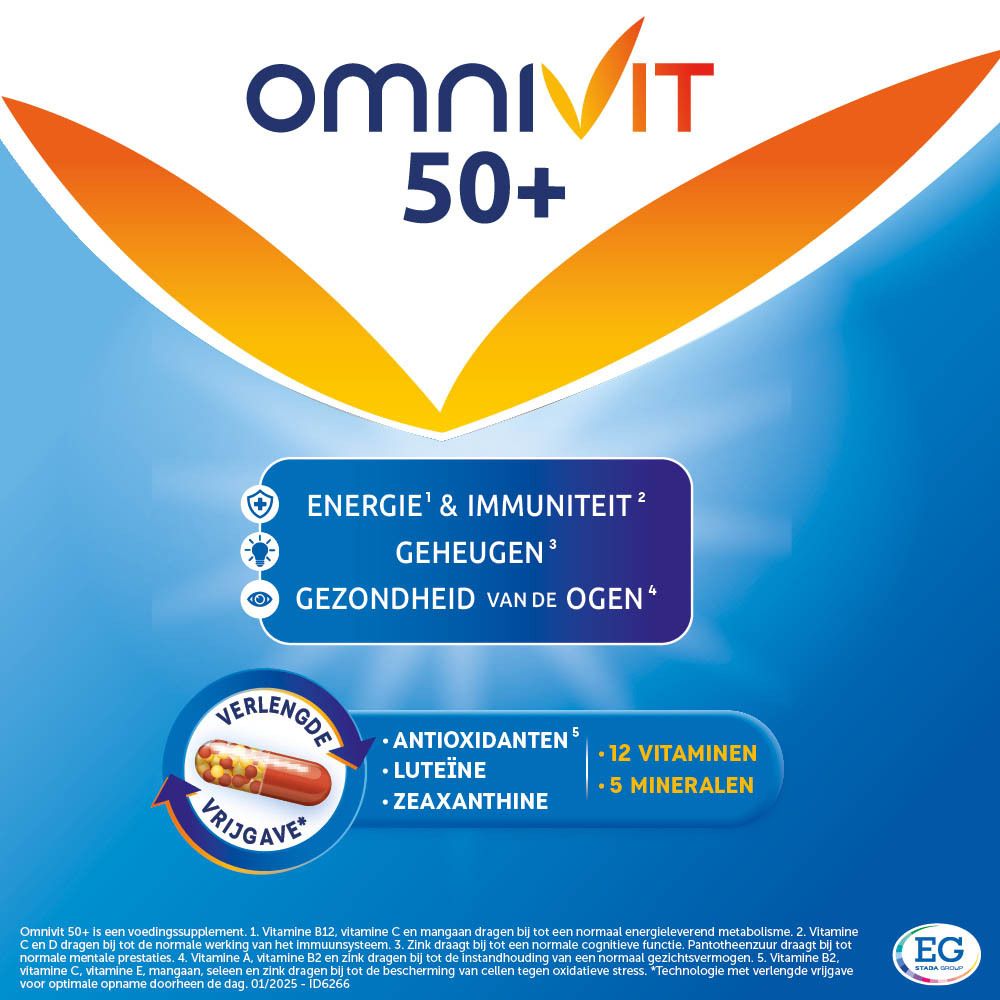 Omnivit 50+ verpakking. Bevat 90 capsules. Bevat vitaminen, mineralen en antioxidanten. Blauw en witte verpakking.