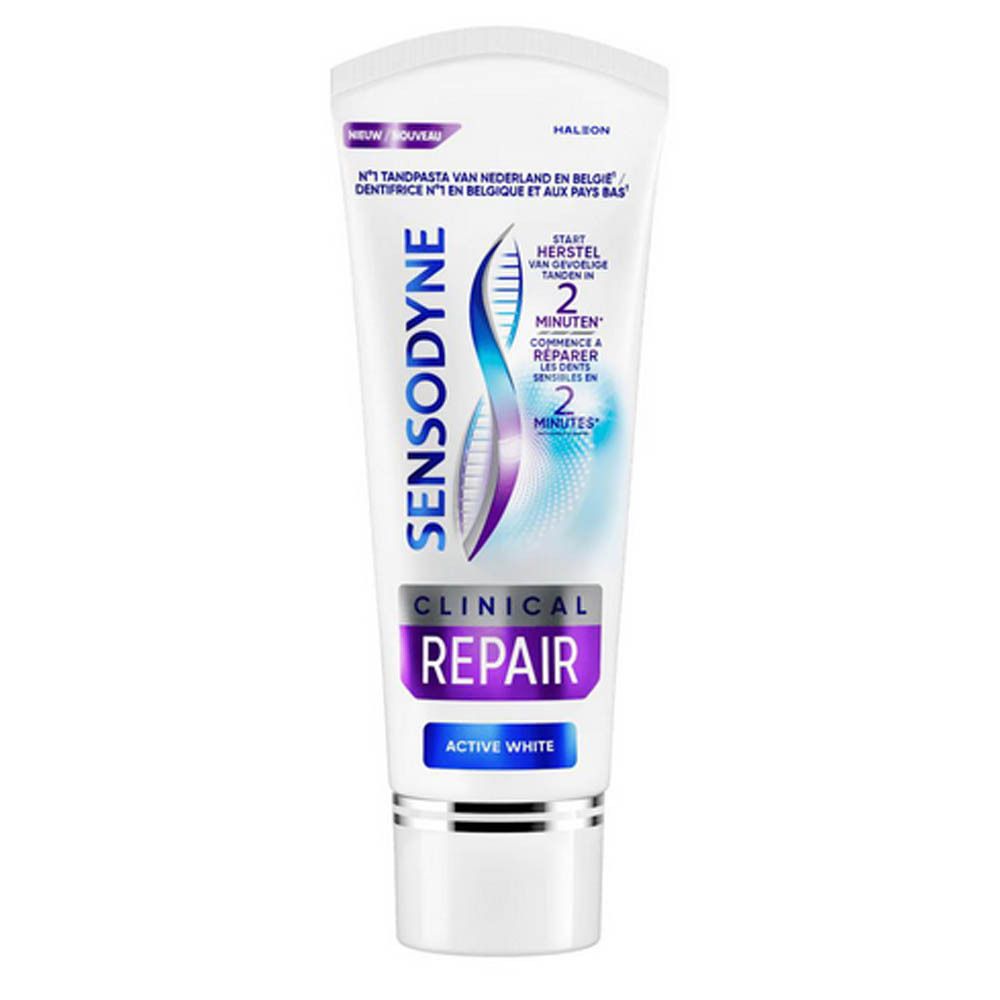Tube de dentifrice. Sensodyne Clinical Repair Active White. Blanc, avec texte.